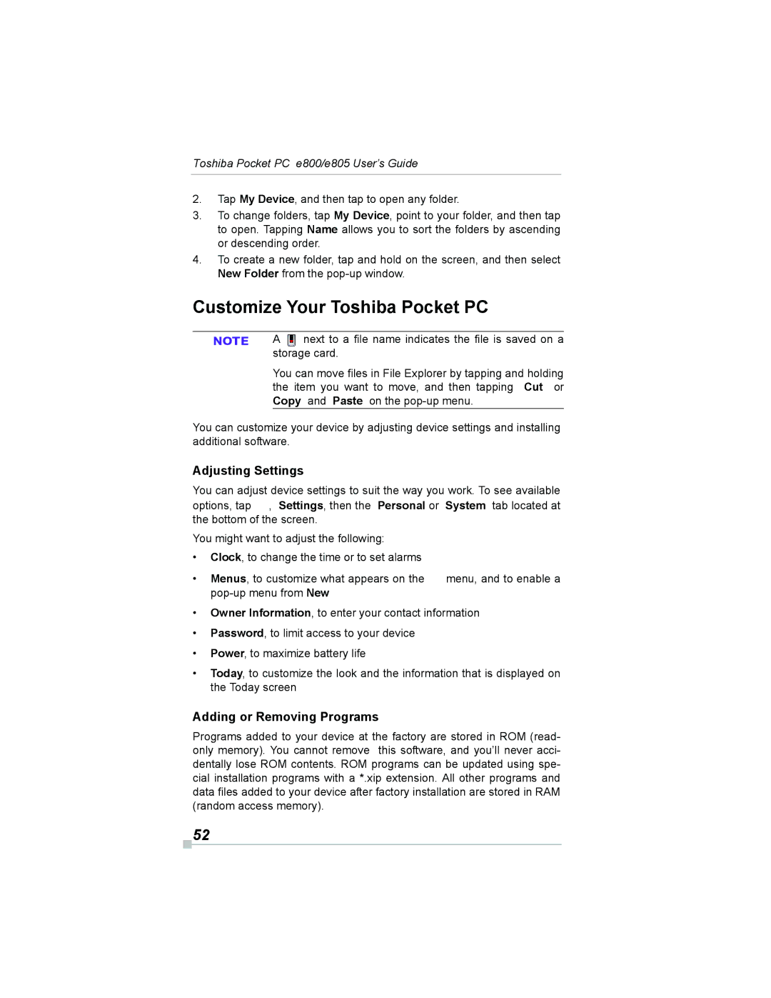 Toshiba e800, e805 manual Customize Your Toshiba Pocket PC, Adjusting Settings, Adding or Removing Programs, Storage card 