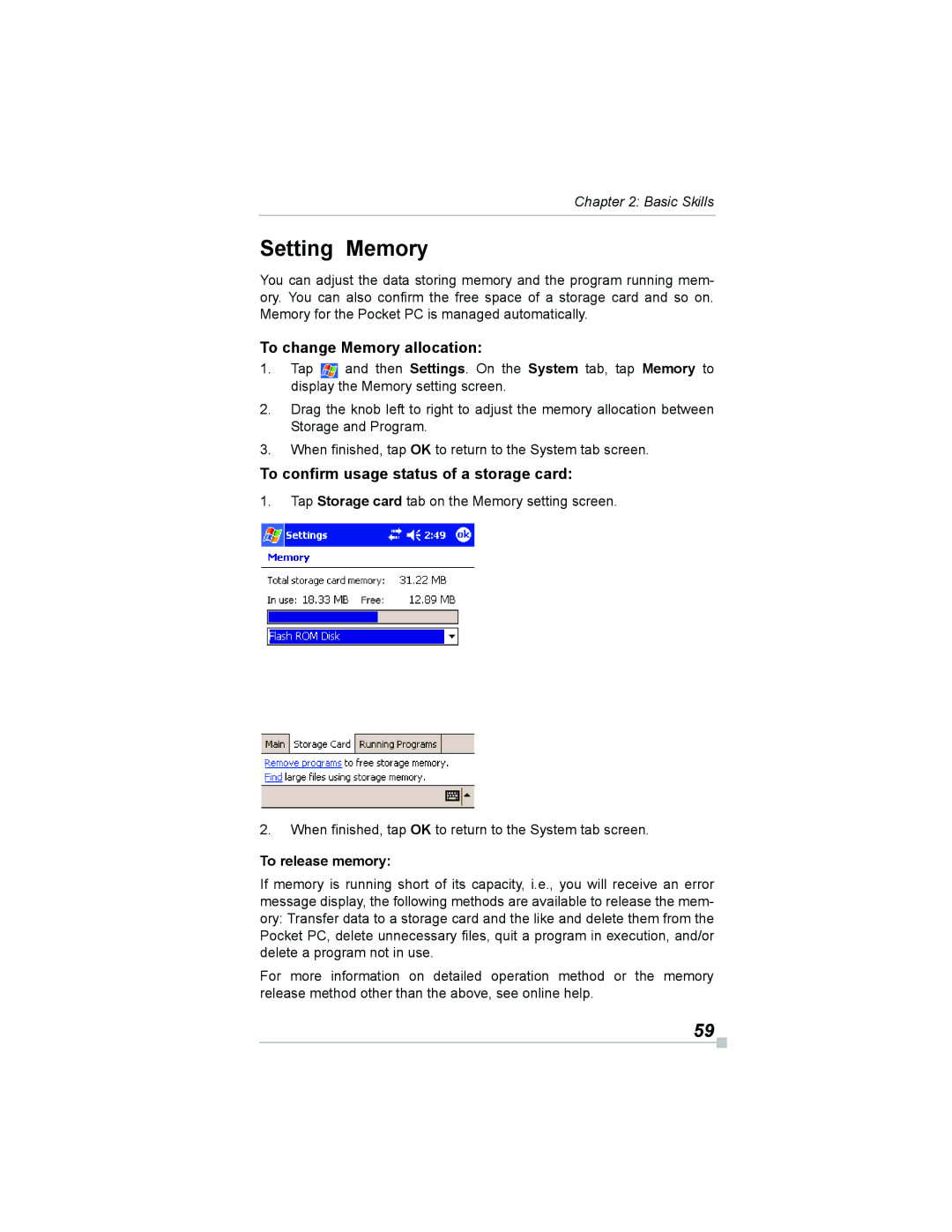 Toshiba e805 Setting Memory, To change Memory allocation, To confirm usage status of a storage card, To release memory 