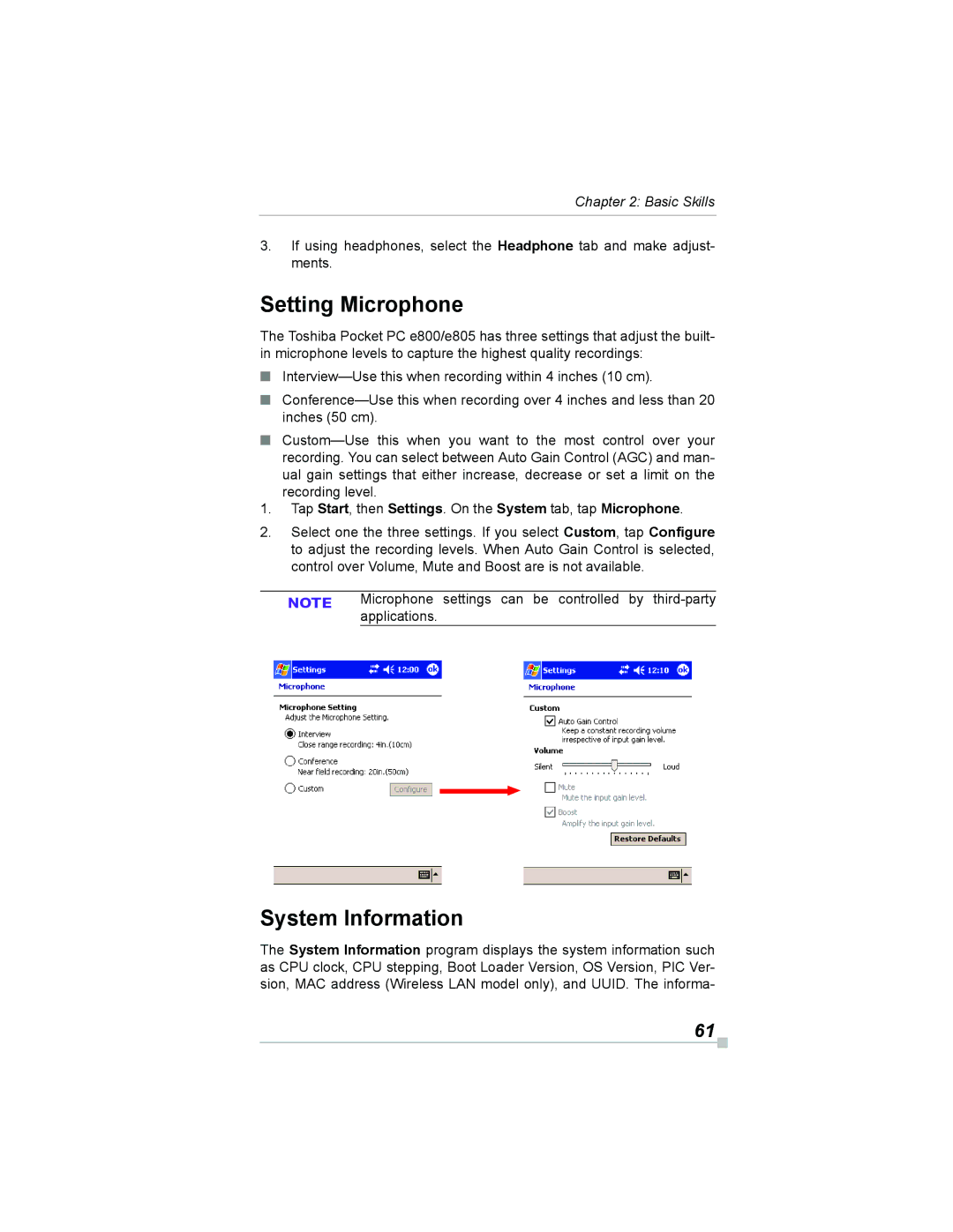 Toshiba e805, e800 manual Setting Microphone, System Information 