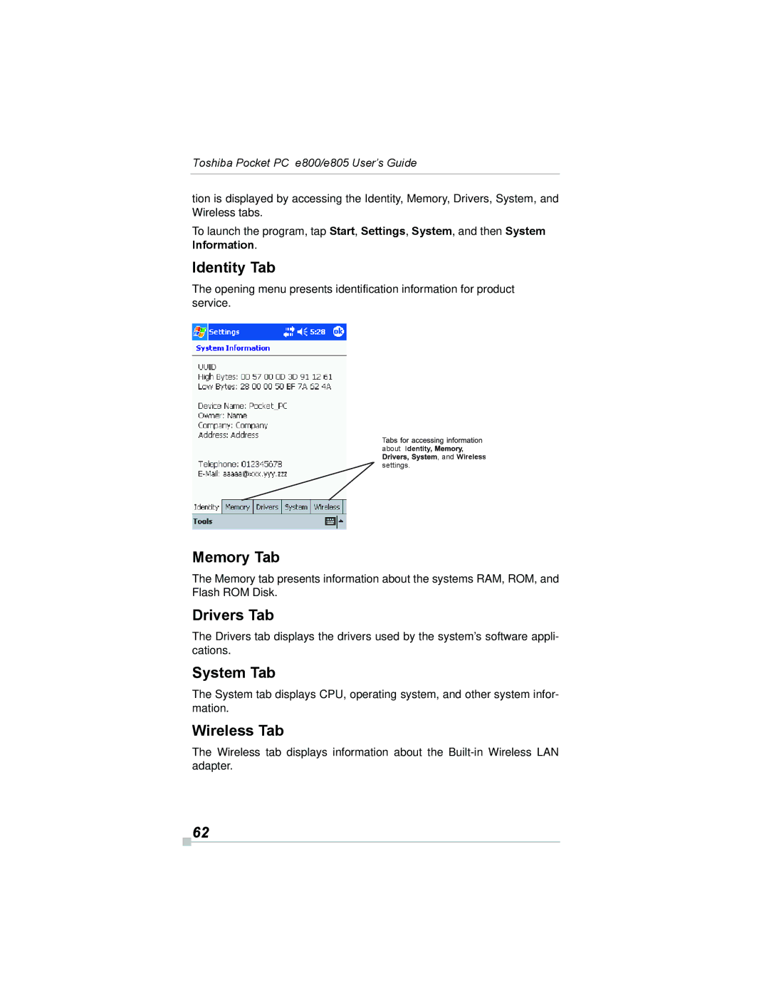 Toshiba e800, e805 manual Identity Tab, Memory Tab, Drivers Tab, System Tab, Wireless Tab 