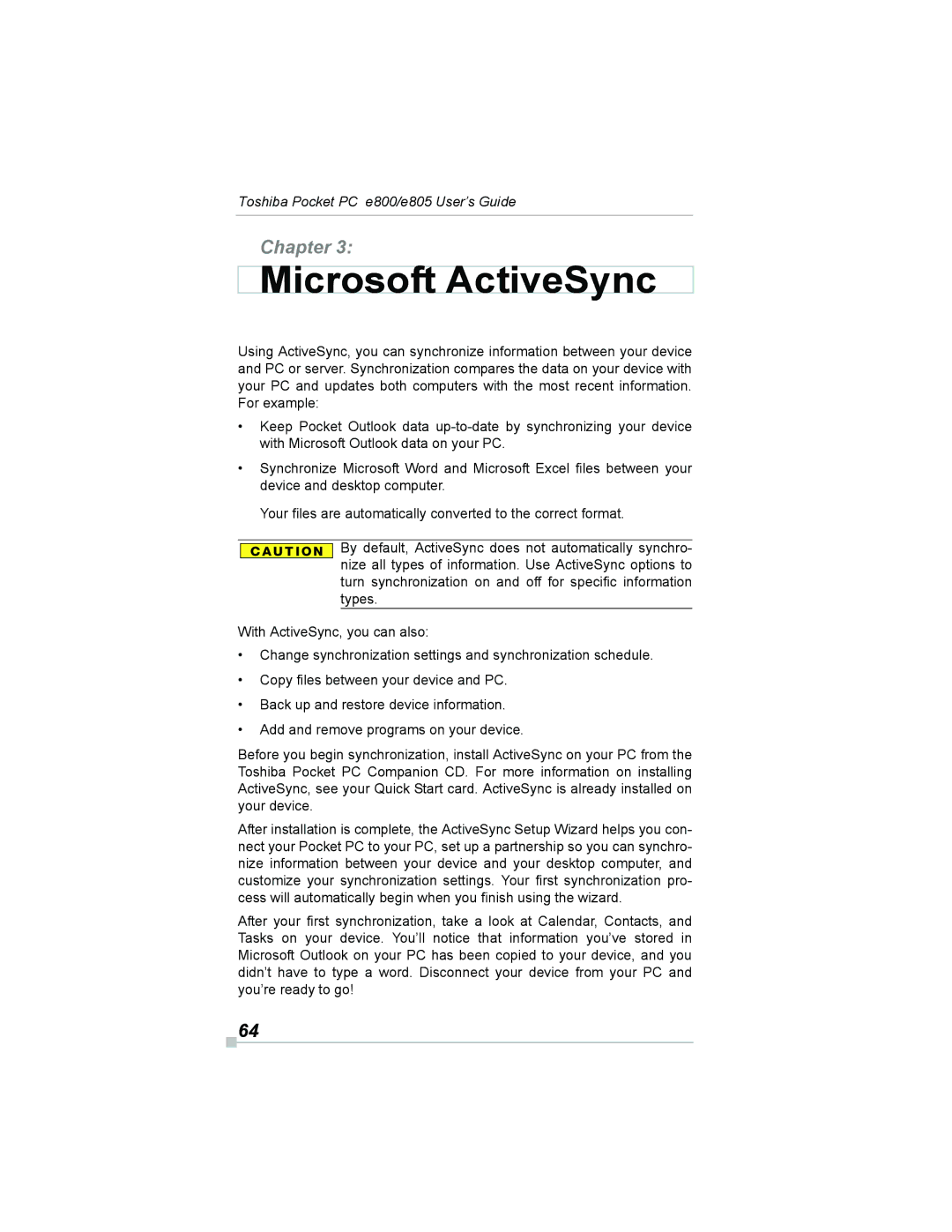 Toshiba e800, e805 manual Microsoft ActiveSync 