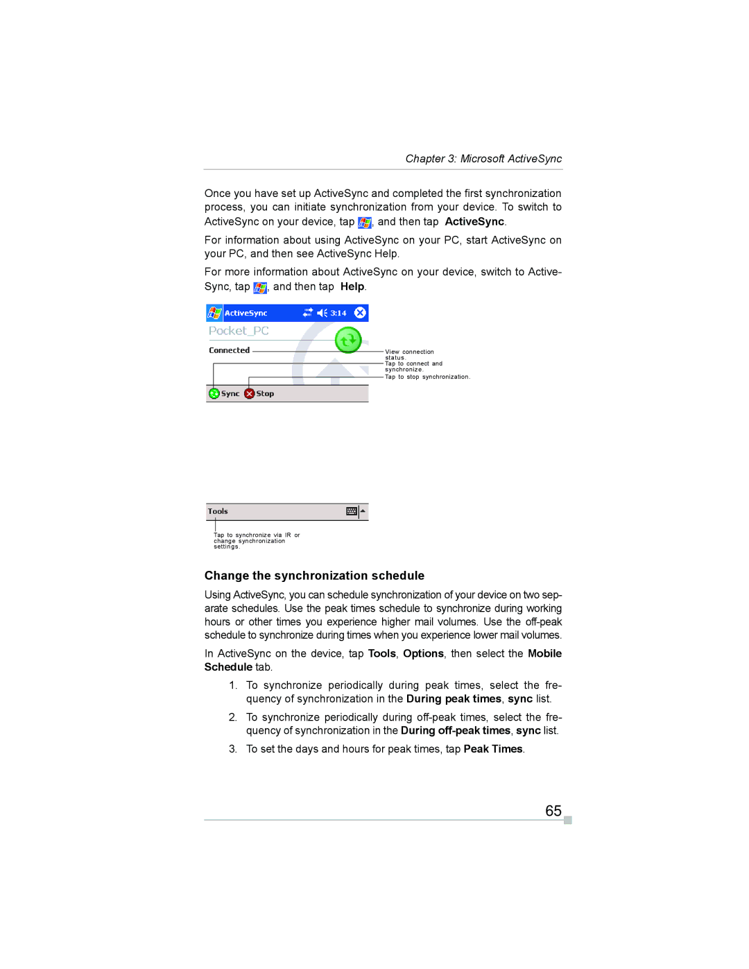 Toshiba e805, e800 manual Change the synchronization schedule, To set the days and hours for peak times, tap Peak Times 