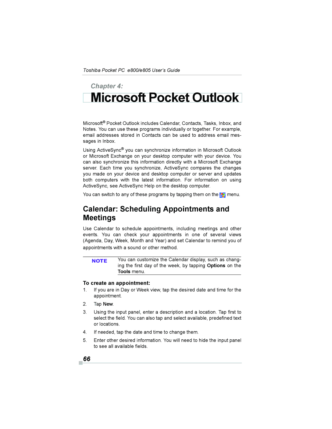 Toshiba e800, e805 manual Calendar Scheduling Appointments and Meetings, To create an appointment, Tools menu 