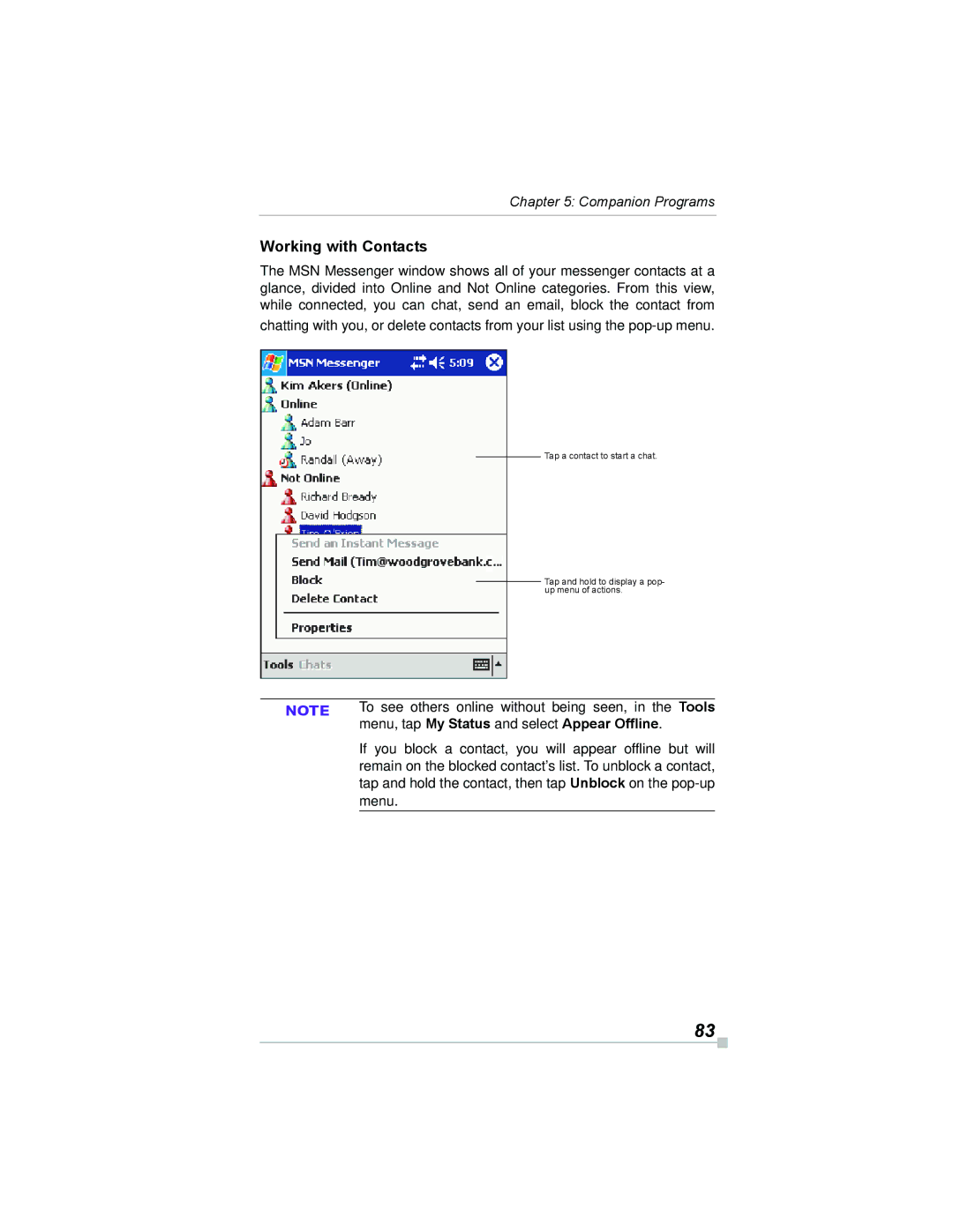 Toshiba e805, e800 manual Working with Contacts, To see others online without being seen, in the Tools, Menu 