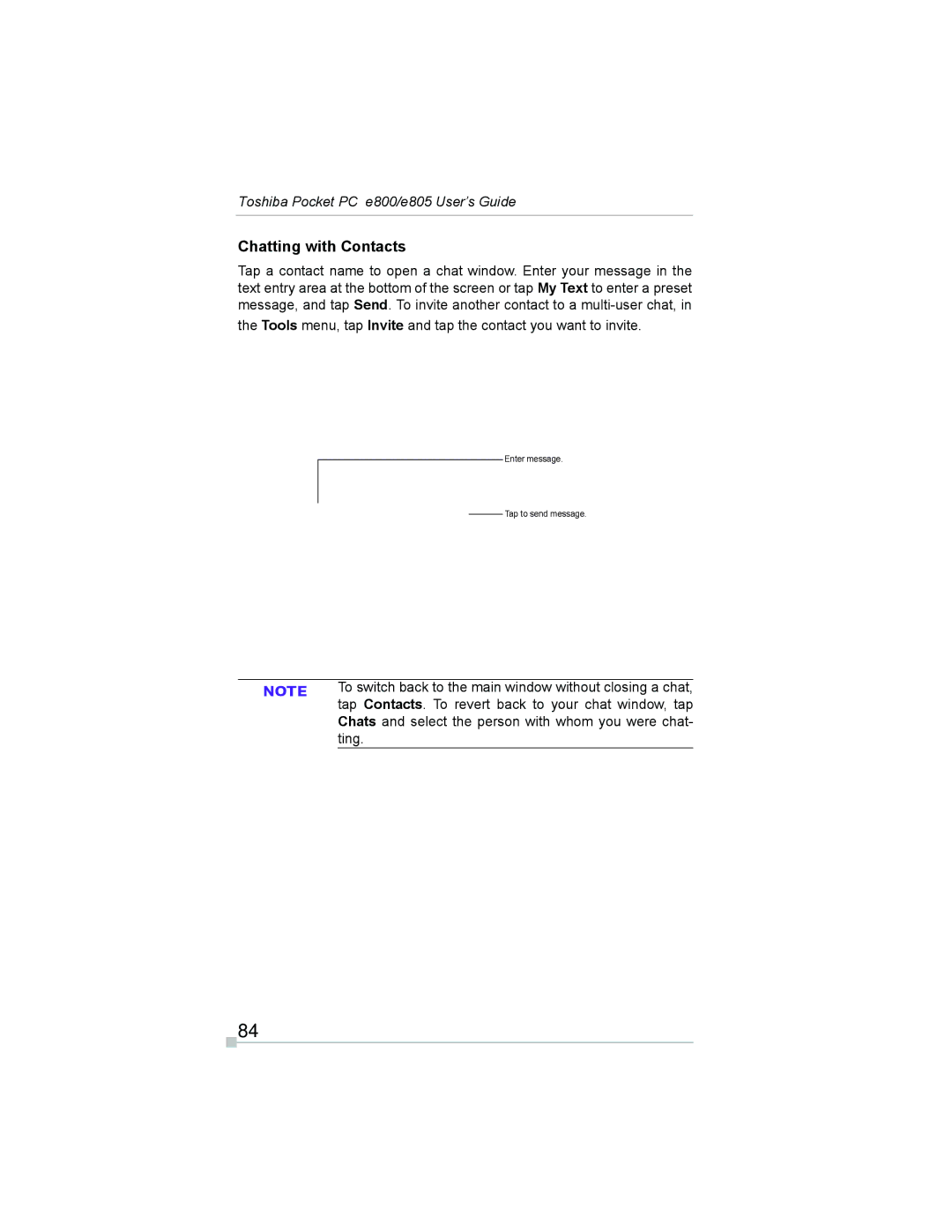 Toshiba e800, e805 manual Chatting with Contacts, Tap Contacts. To revert back to your chat window, tap, Ting 