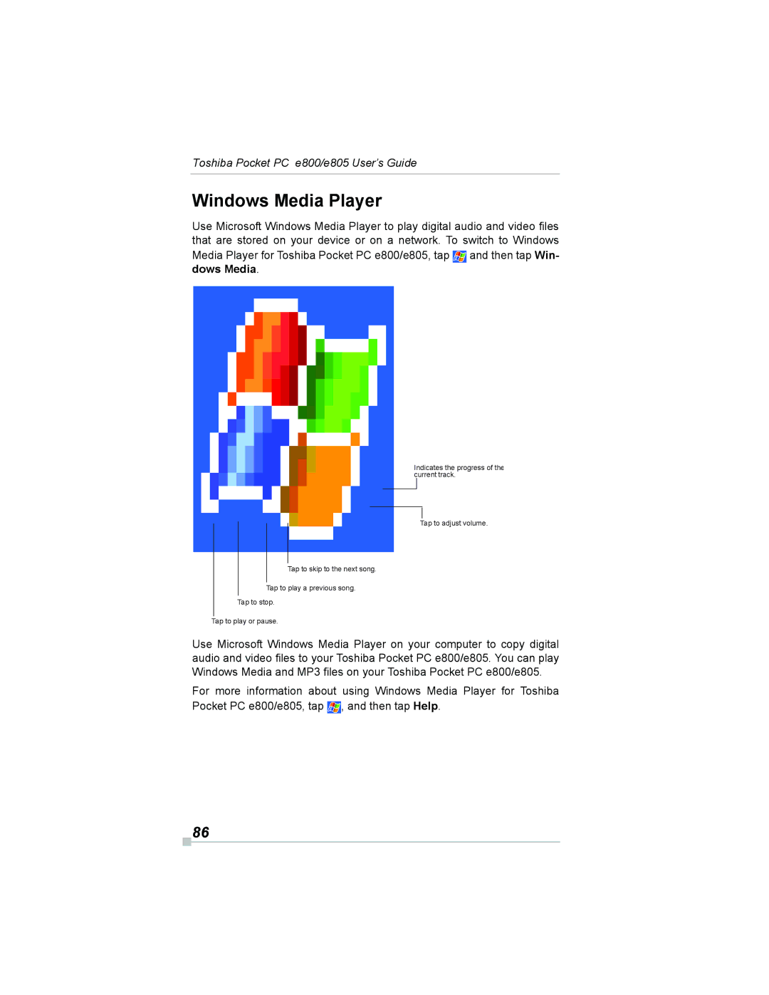 Toshiba e800, e805 manual Windows Media Player 