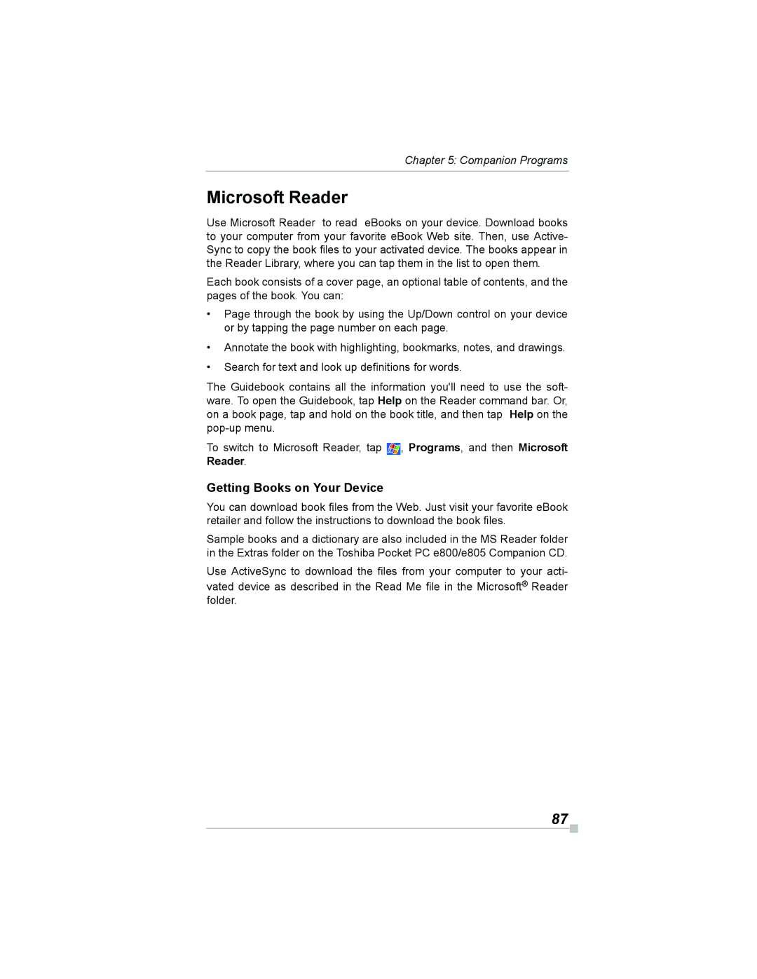 Toshiba e805, e800 manual Microsoft Reader, Getting Books on Your Device 