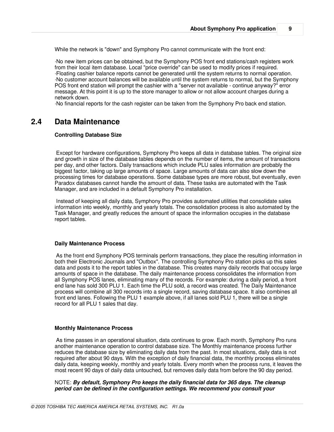 Toshiba Electric Keyboard owner manual Data Maintenance, Controlling Database Size, Daily Maintenance Process 