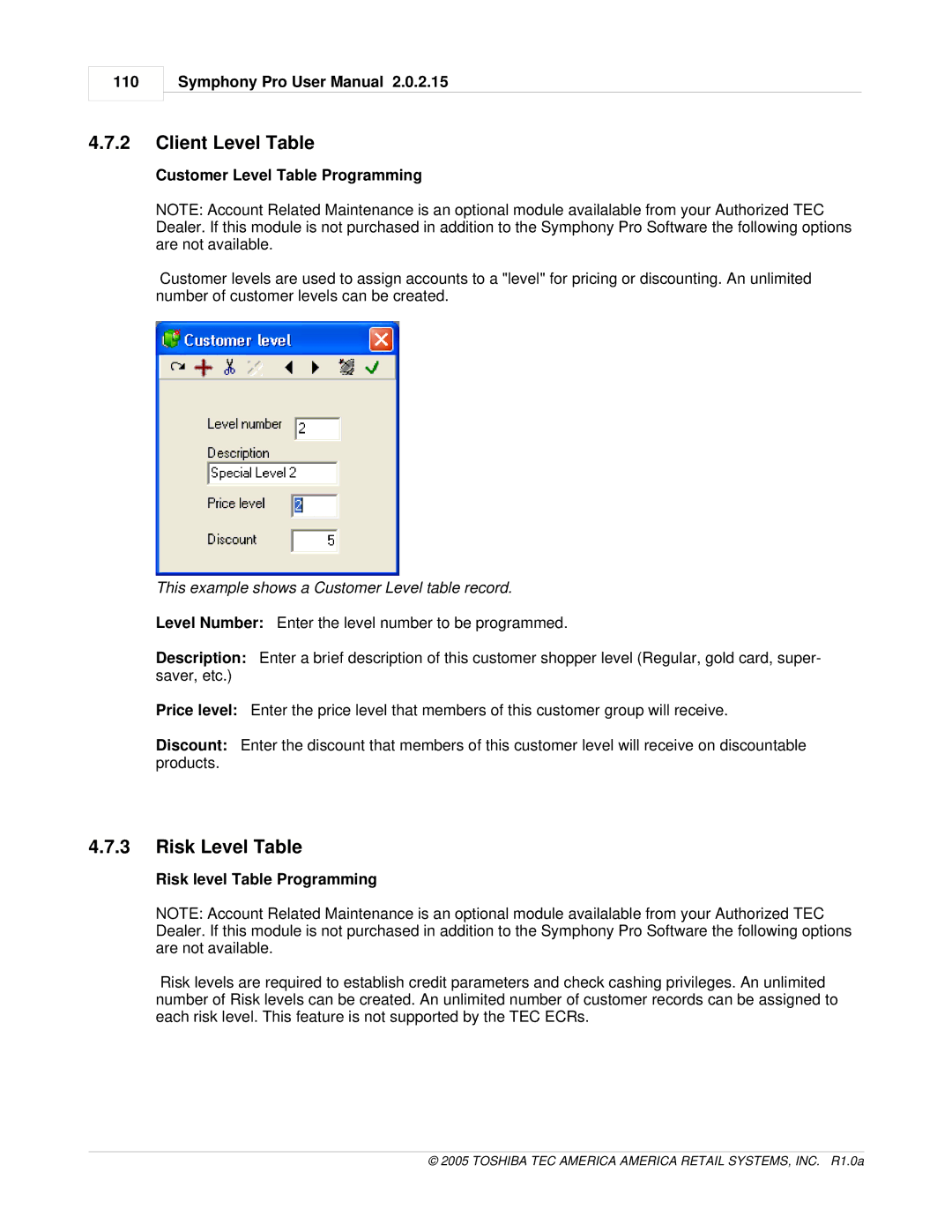 Toshiba Electric Keyboard owner manual Client Level Table, Risk Level Table, 110, Customer Level Table Programming 