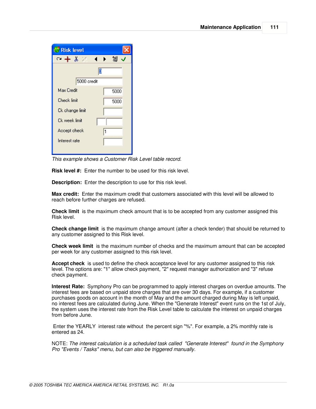 Toshiba Electric Keyboard owner manual Maintenance Application 111, This example shows a Customer Risk Level table record 