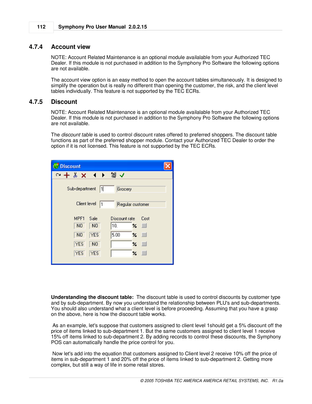 Toshiba Electric Keyboard owner manual Account view, Discount, 112 