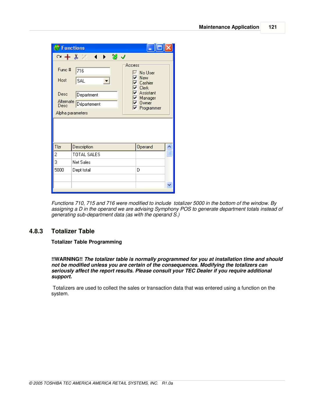 Toshiba Electric Keyboard owner manual Maintenance Application 121, Totalizer Table Programming 