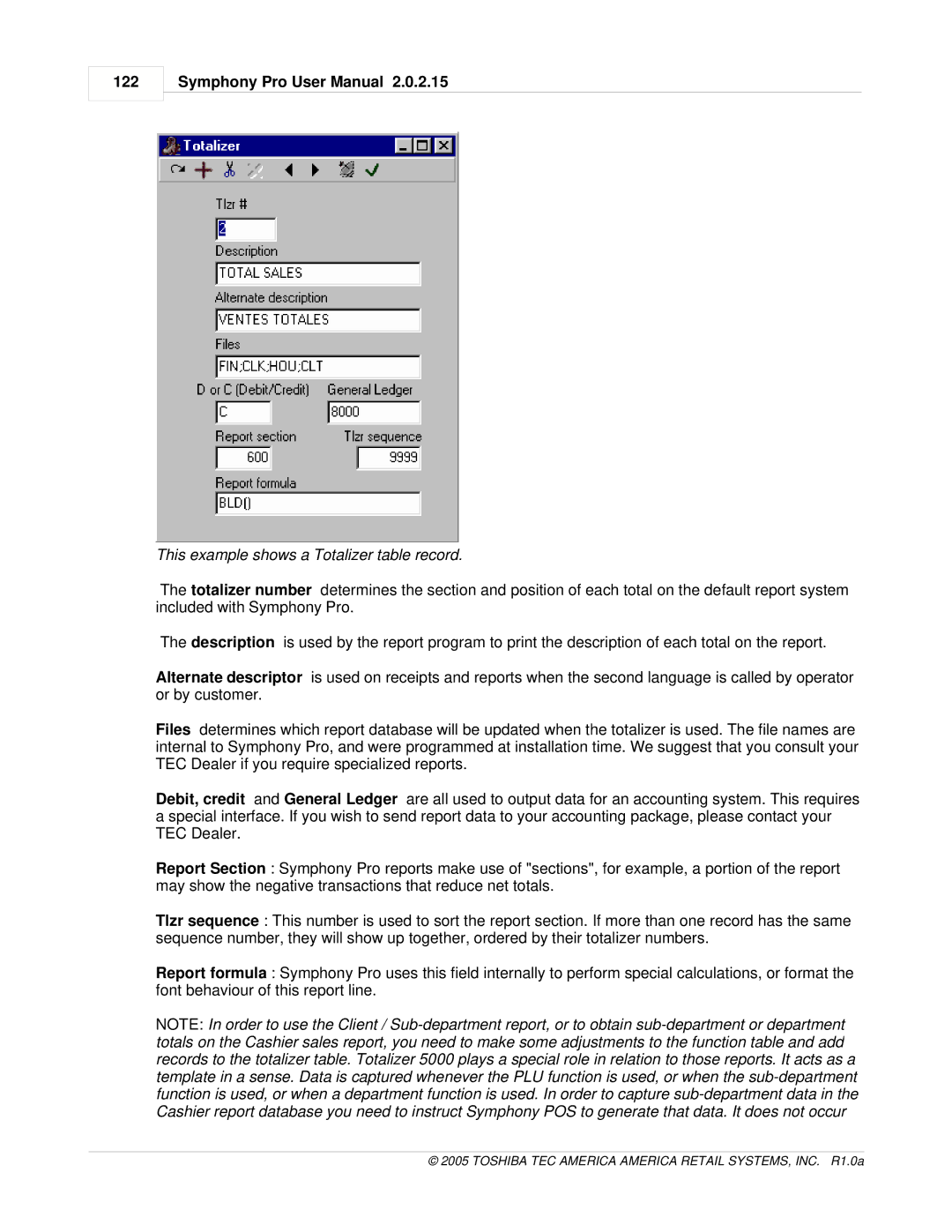 Toshiba Electric Keyboard owner manual 122, This example shows a Totalizer table record 