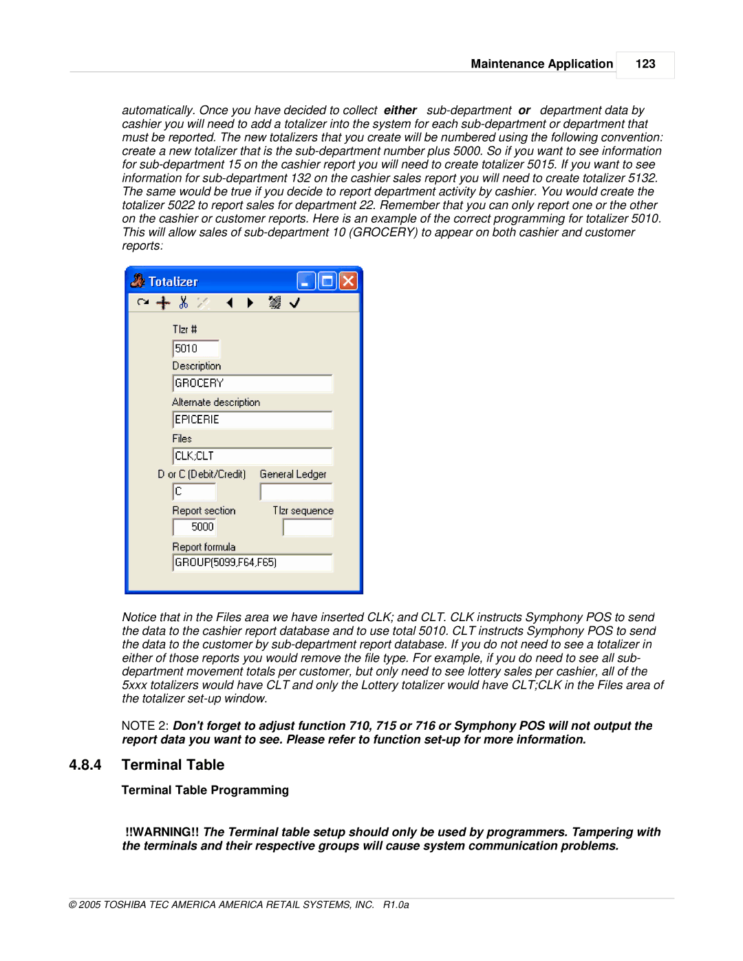 Toshiba Electric Keyboard owner manual Maintenance Application 123, Terminal Table Programming 