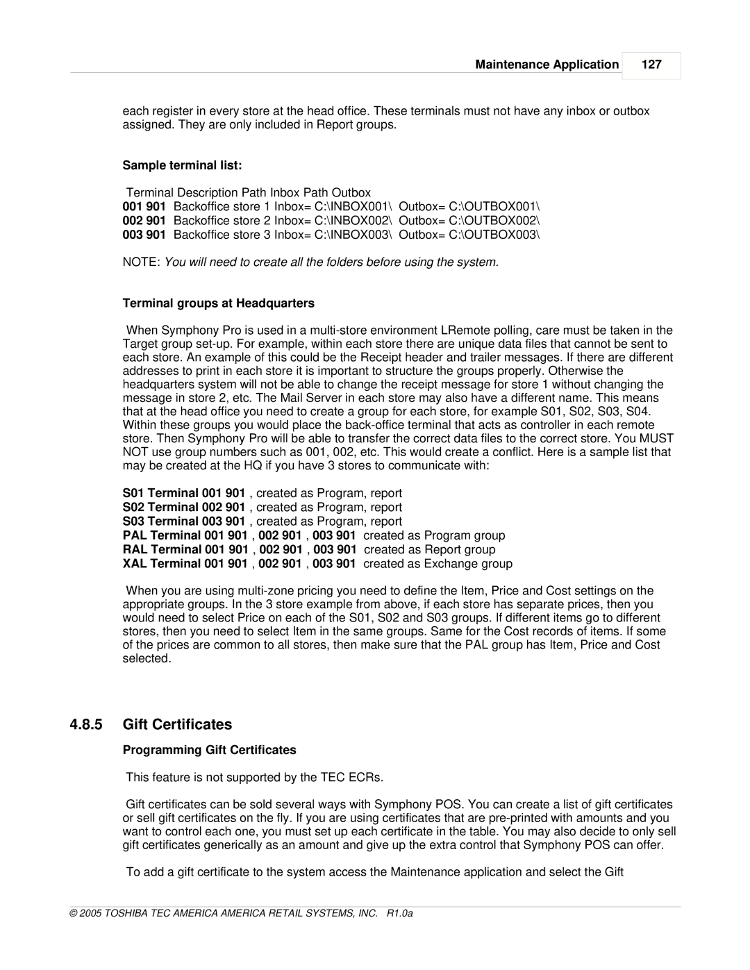 Toshiba Electric Keyboard owner manual Gift Certificates, Maintenance Application 127, Sample terminal list 