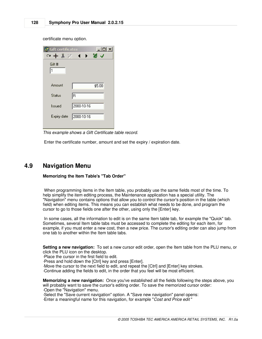 Toshiba Electric Keyboard owner manual Navigation Menu, This example shows a Gift Certificate table record 