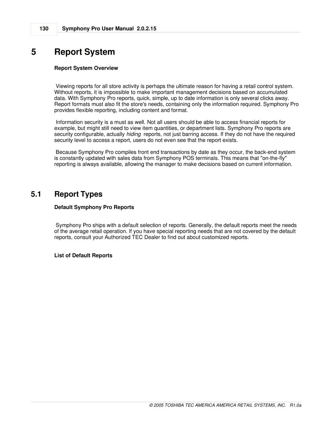 Toshiba Electric Keyboard Report Types, Report System Overview, Default Symphony Pro Reports, List of Default Reports 