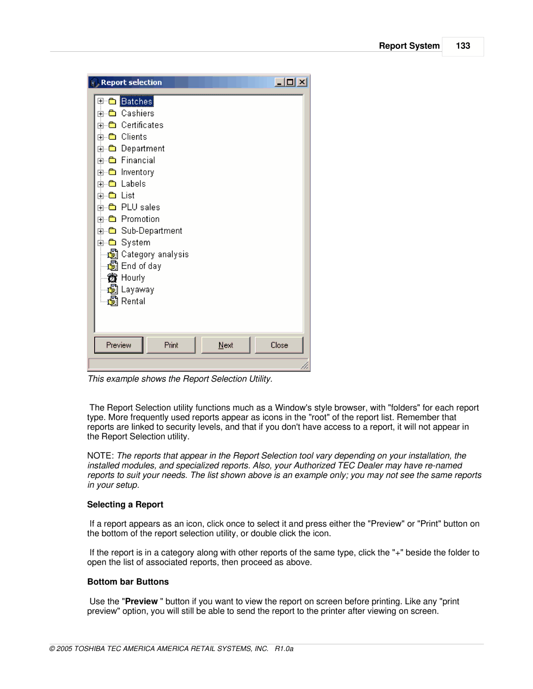 Toshiba Electric Keyboard Report System 133, This example shows the Report Selection Utility, Selecting a Report 