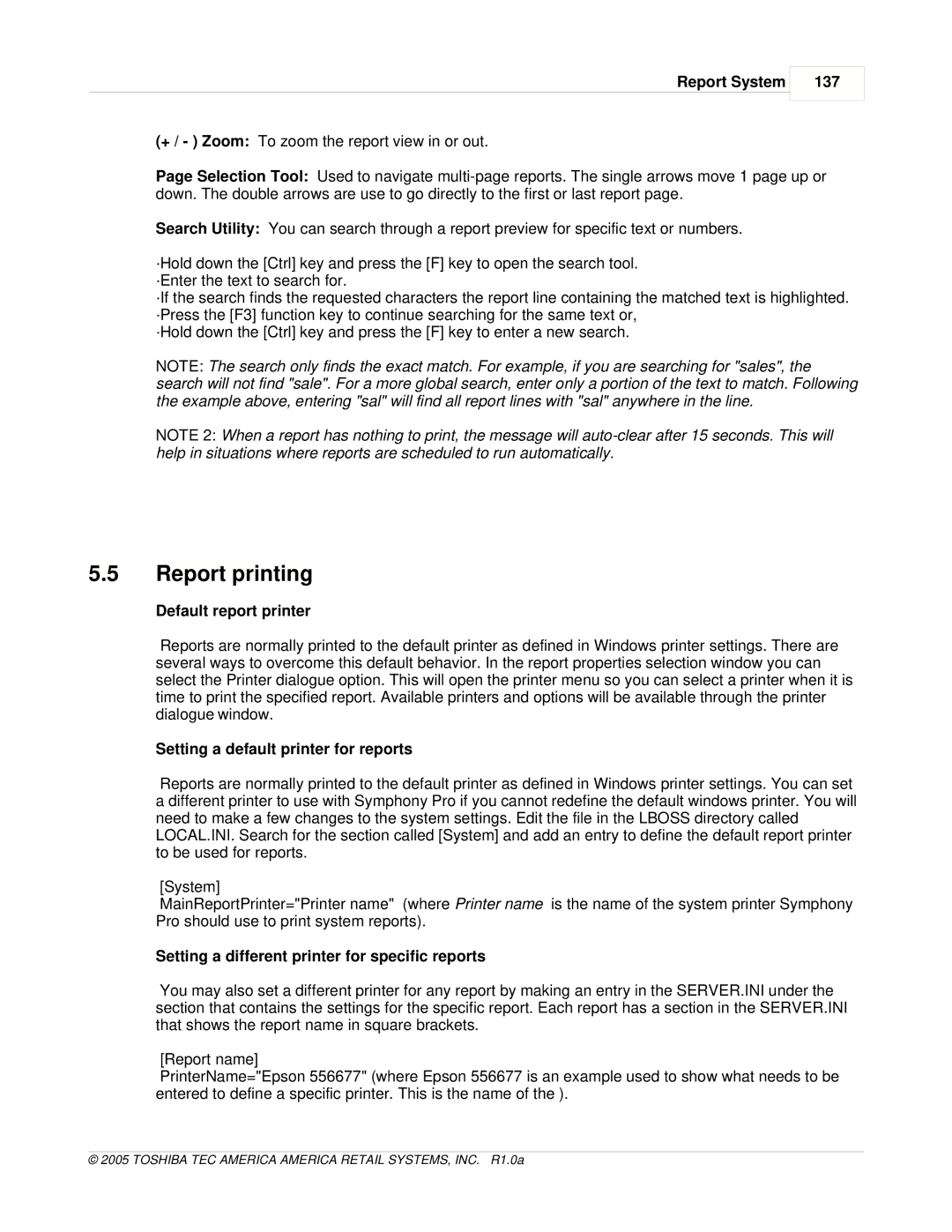 Toshiba Electric Keyboard Report printing, Report System, Default report printer, Setting a default printer for reports 