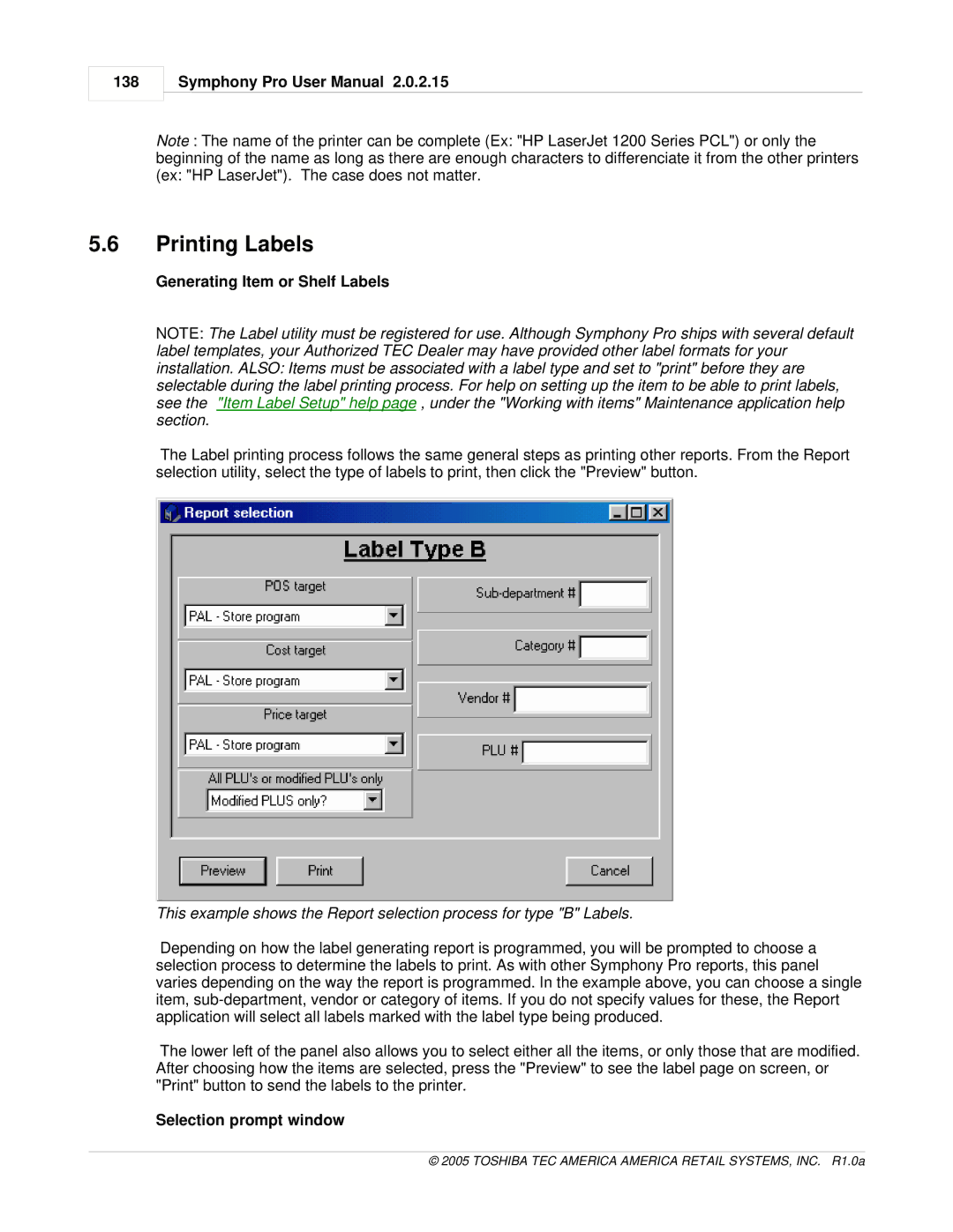 Toshiba Electric Keyboard owner manual Printing Labels, Generating Item or Shelf Labels, Selection prompt window 