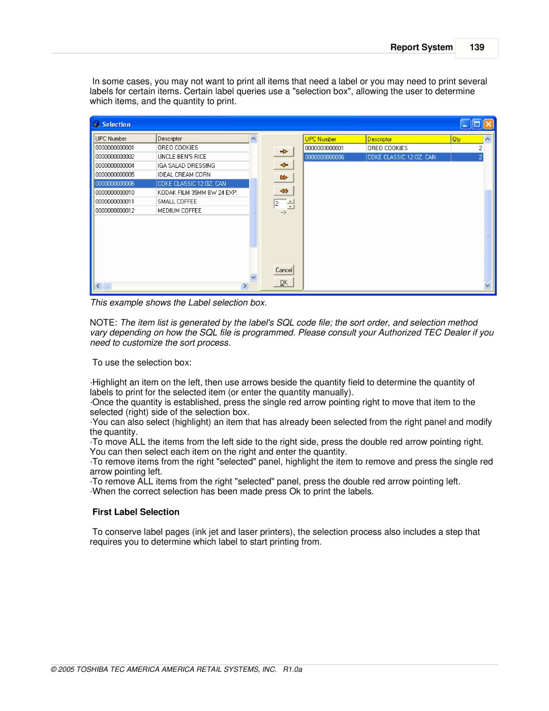 Toshiba Electric Keyboard owner manual Report System 139, This example shows the Label selection box, First Label Selection 