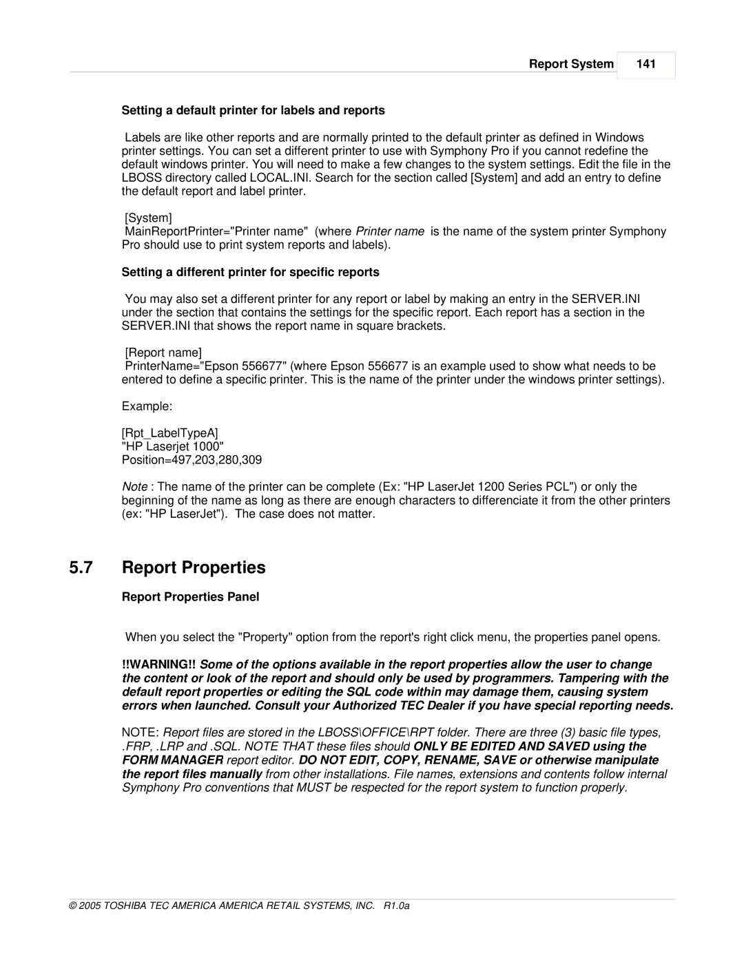 Toshiba Electric Keyboard owner manual Report Properties Panel 