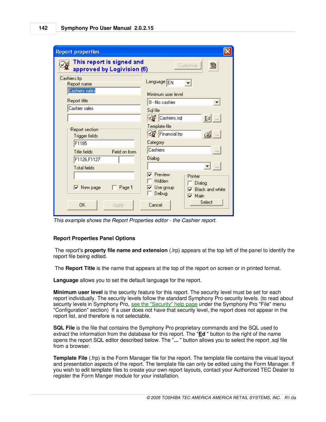 Toshiba Electric Keyboard owner manual 142, Report Properties Panel Options 