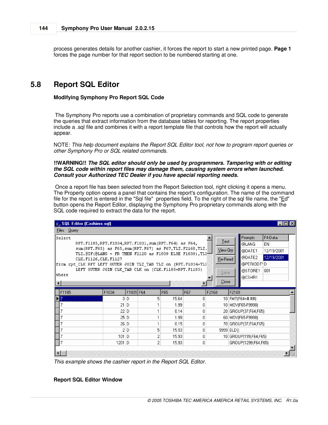 Toshiba Electric Keyboard owner manual Modifying Symphony Pro Report SQL Code, Report SQL Editor Window 