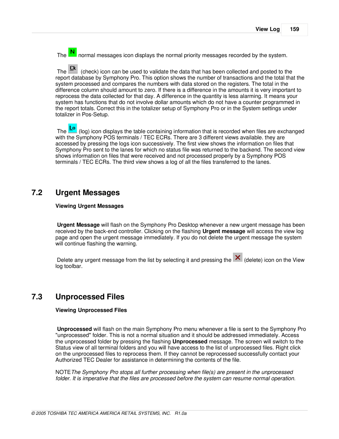 Toshiba Electric Keyboard owner manual View Log 159, Viewing Urgent Messages, Viewing Unprocessed Files 