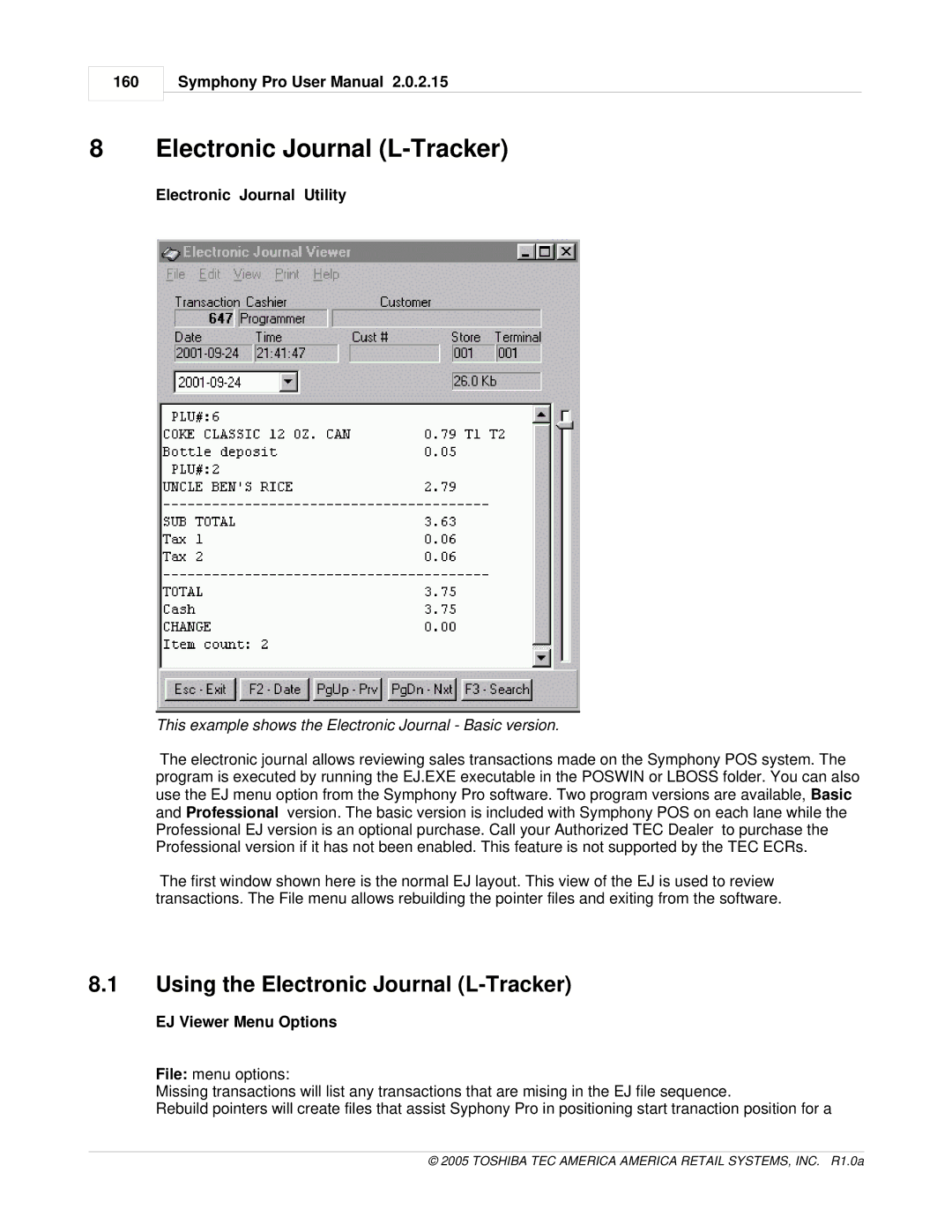 Toshiba Electric Keyboard Using the Electronic Journal L-Tracker, Electronic Journal Utility, EJ Viewer Menu Options 