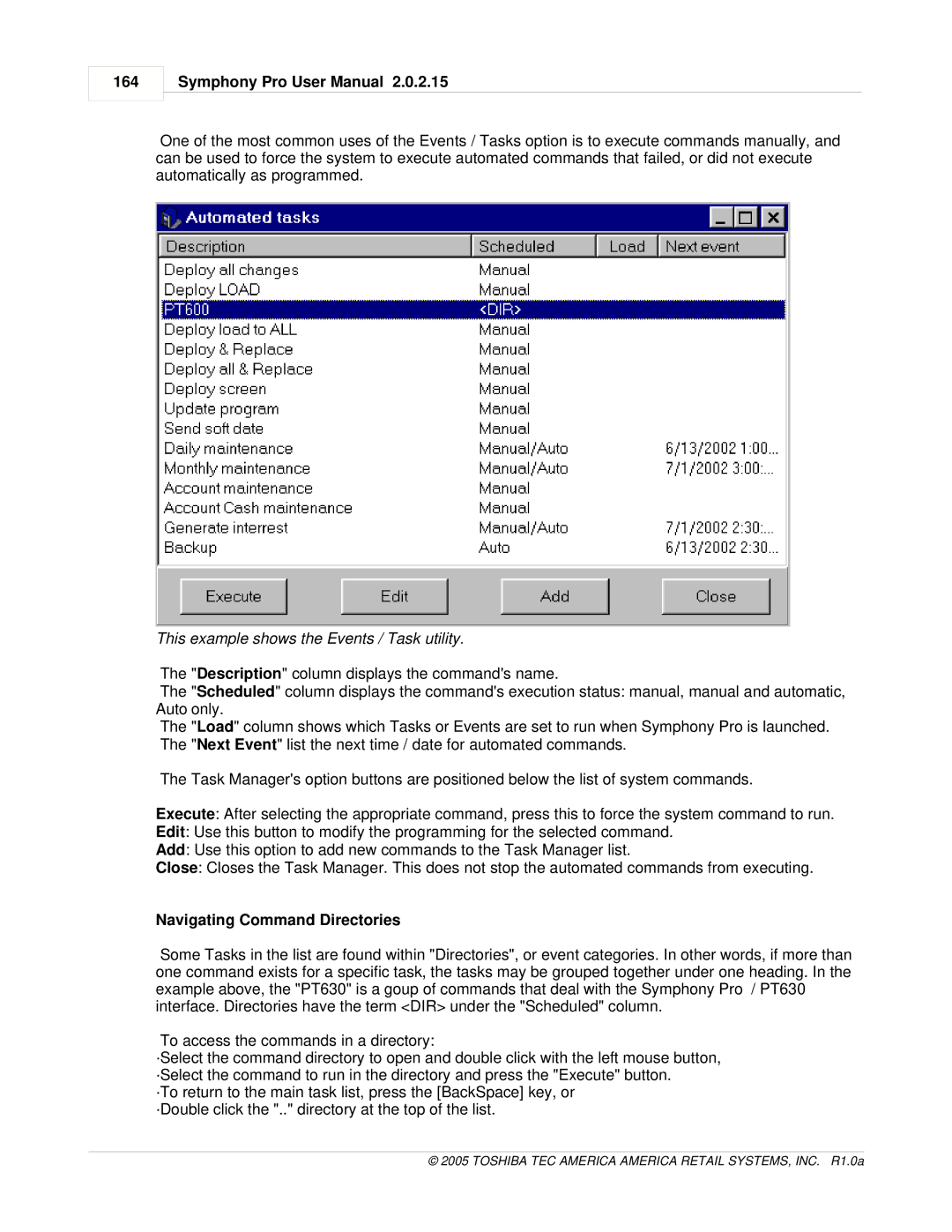 Toshiba Electric Keyboard owner manual 164, This example shows the Events / Task utility, Navigating Command Directories 