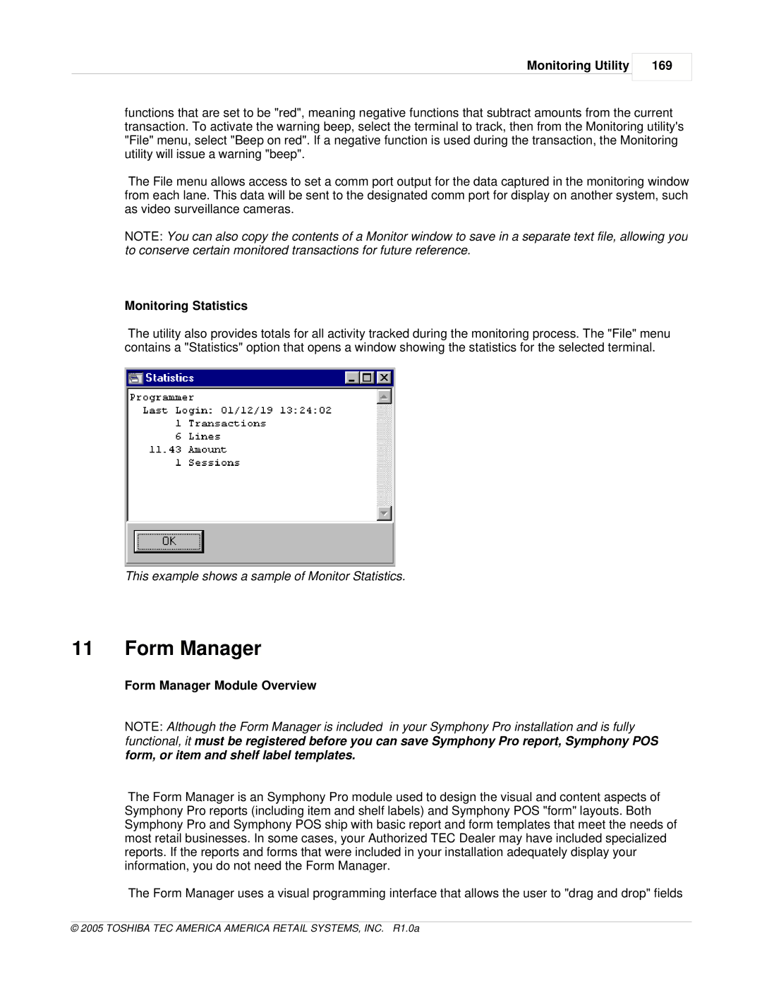 Toshiba Electric Keyboard owner manual Monitoring Utility 169, Monitoring Statistics, Form Manager Module Overview 