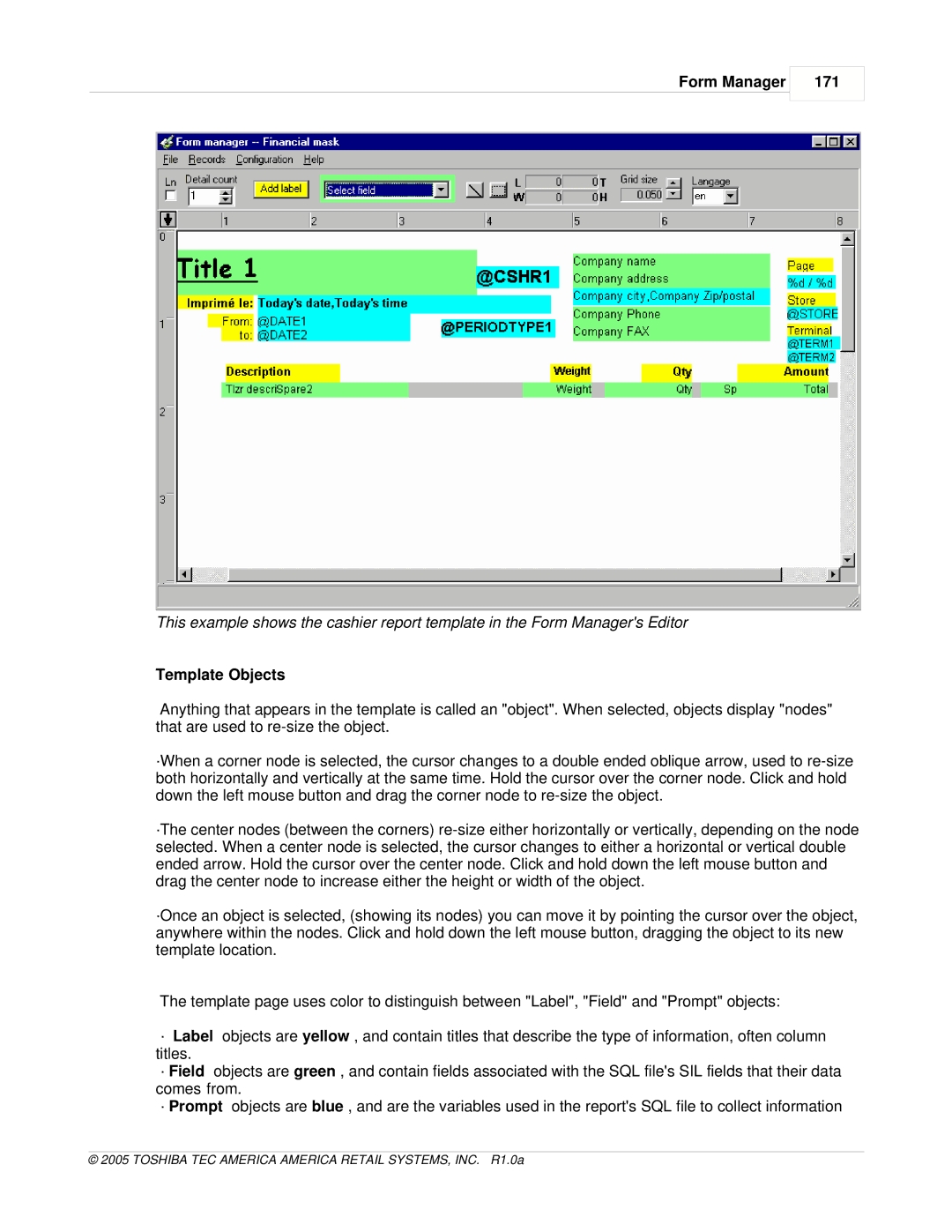 Toshiba Electric Keyboard owner manual Form Manager 171, Template Objects 