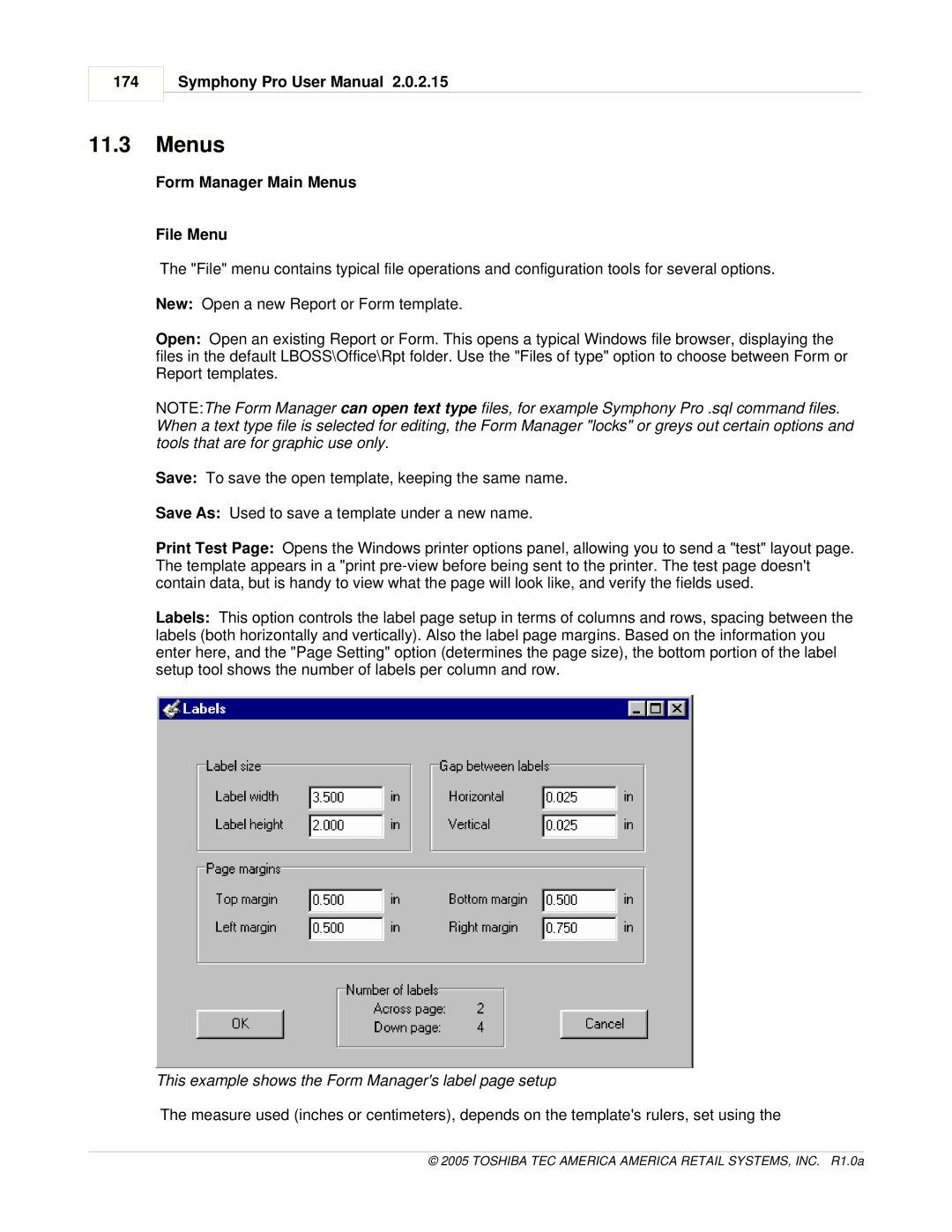 Toshiba Electric Keyboard Form Manager Main Menus File Menu, This example shows the Form Managers label page setup 