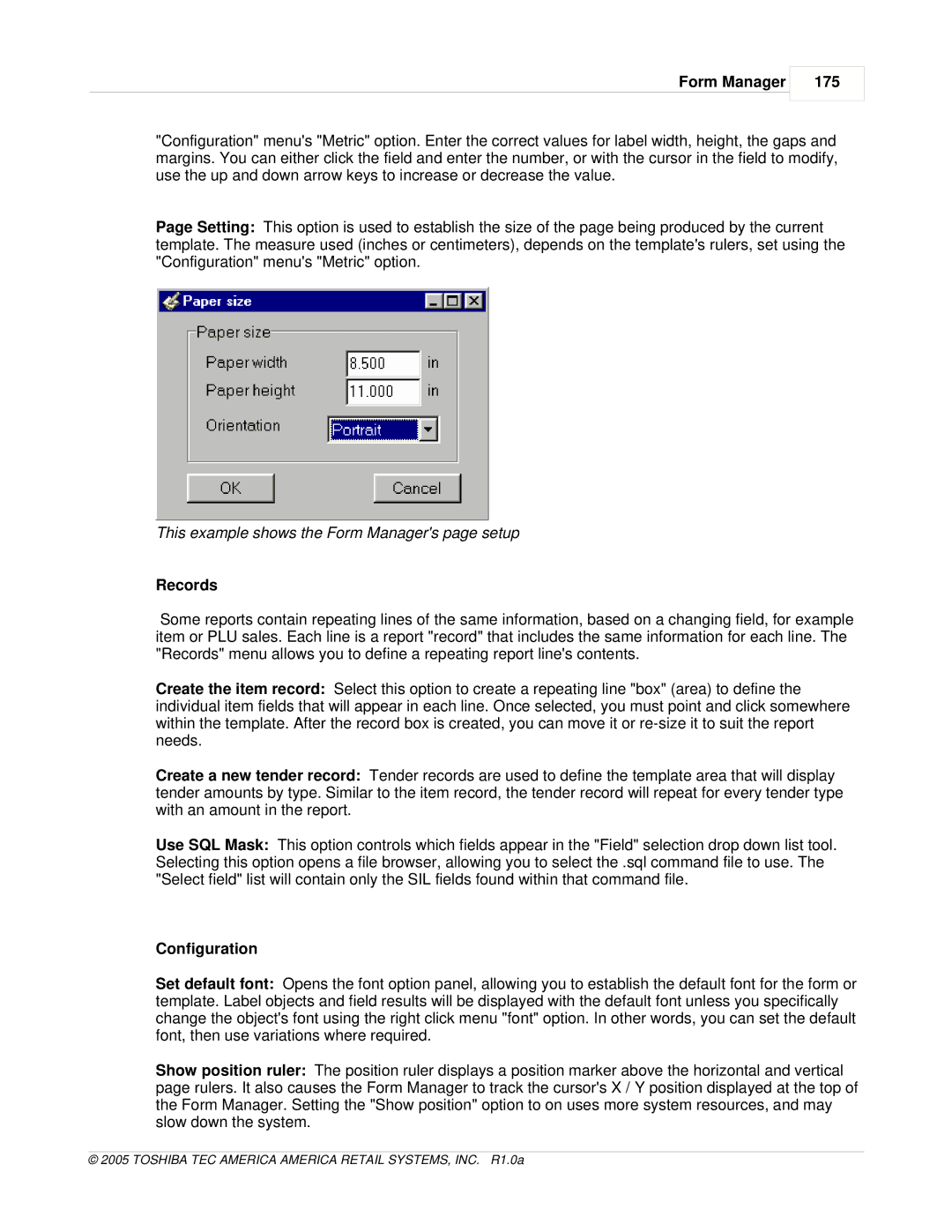 Toshiba Electric Keyboard Form Manager 175, This example shows the Form Managers page setup, Records, Configuration 