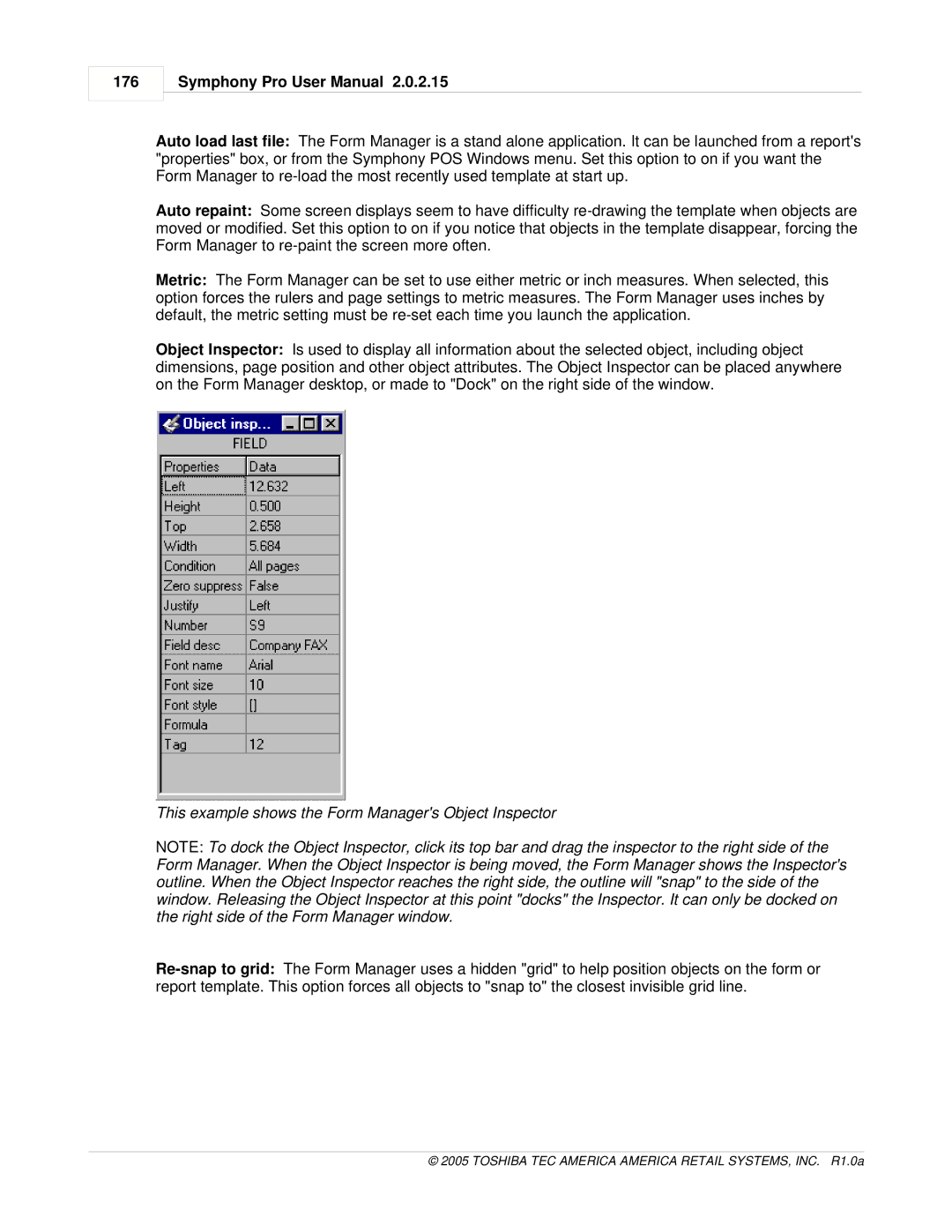 Toshiba Electric Keyboard owner manual 176, This example shows the Form Managers Object Inspector 