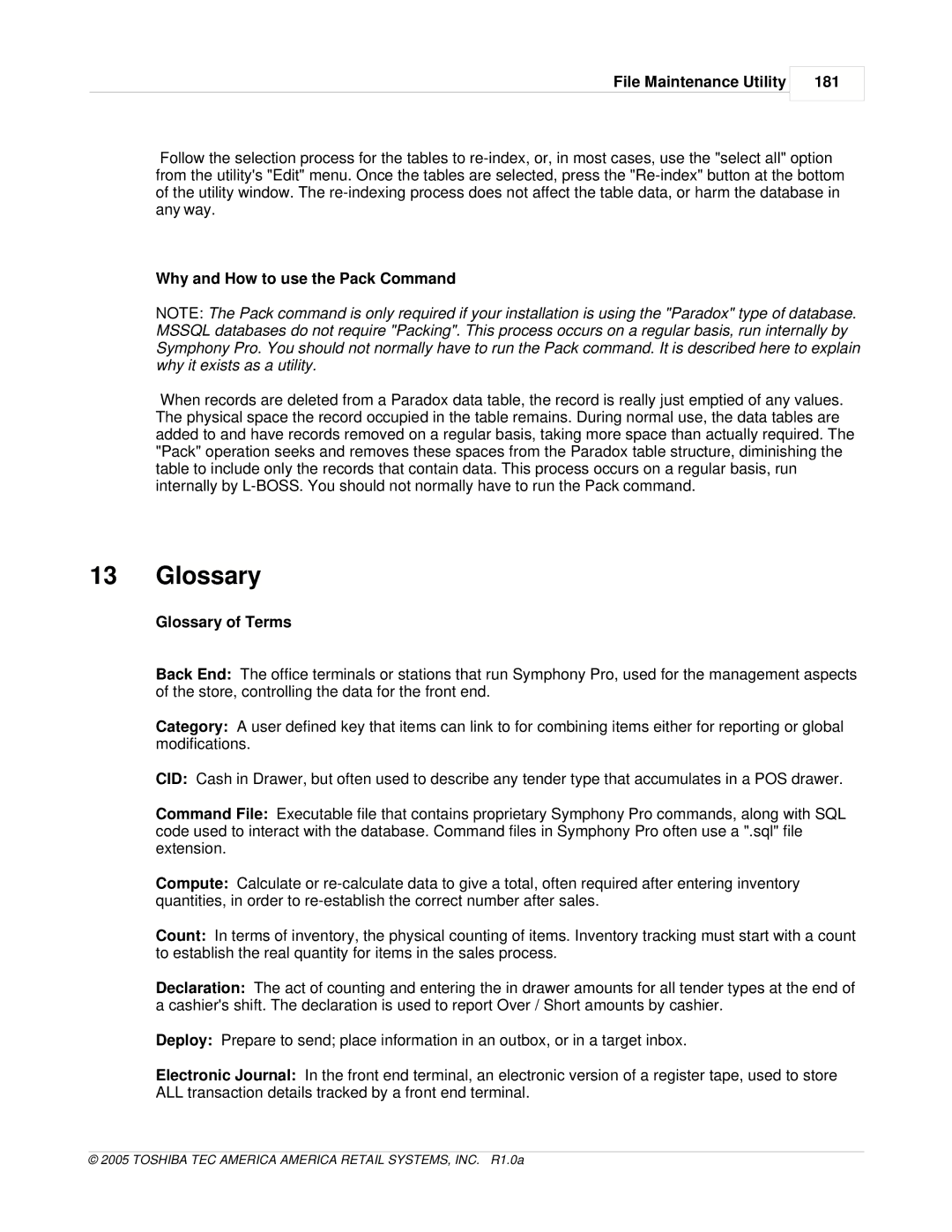 Toshiba Electric Keyboard File Maintenance Utility 181, Why and How to use the Pack Command, Glossary of Terms 