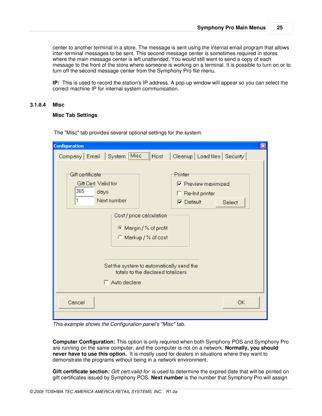 Toshiba Electric Keyboard owner manual Misc Misc Tab Settings, This example shows the Configuration panels Misc tab 