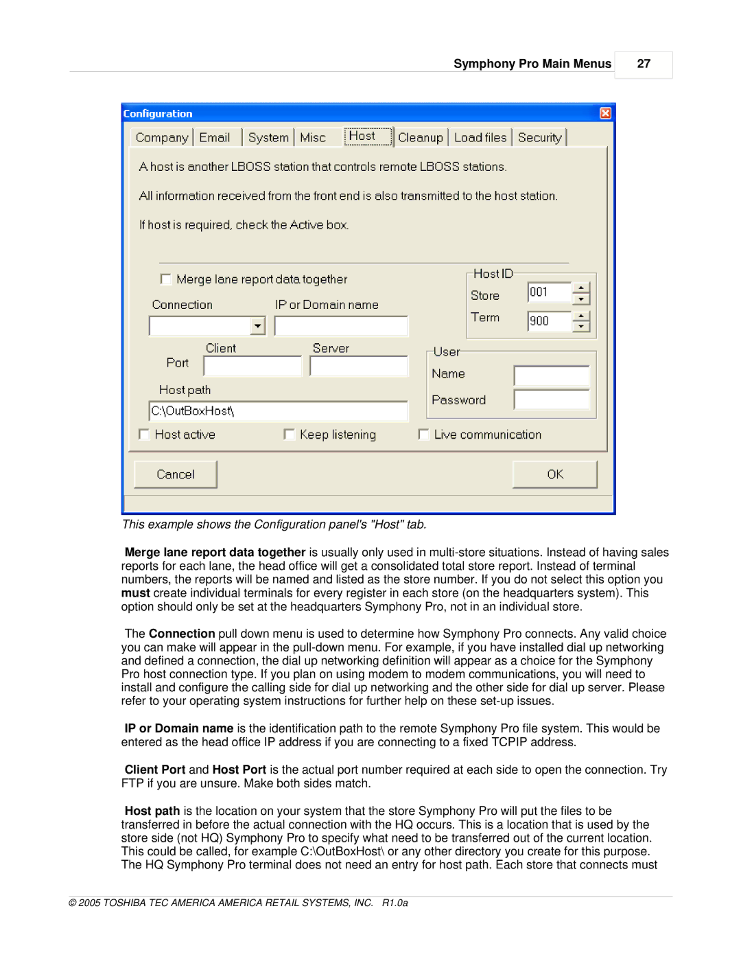 Toshiba Electric Keyboard owner manual This example shows the Configuration panels Host tab 