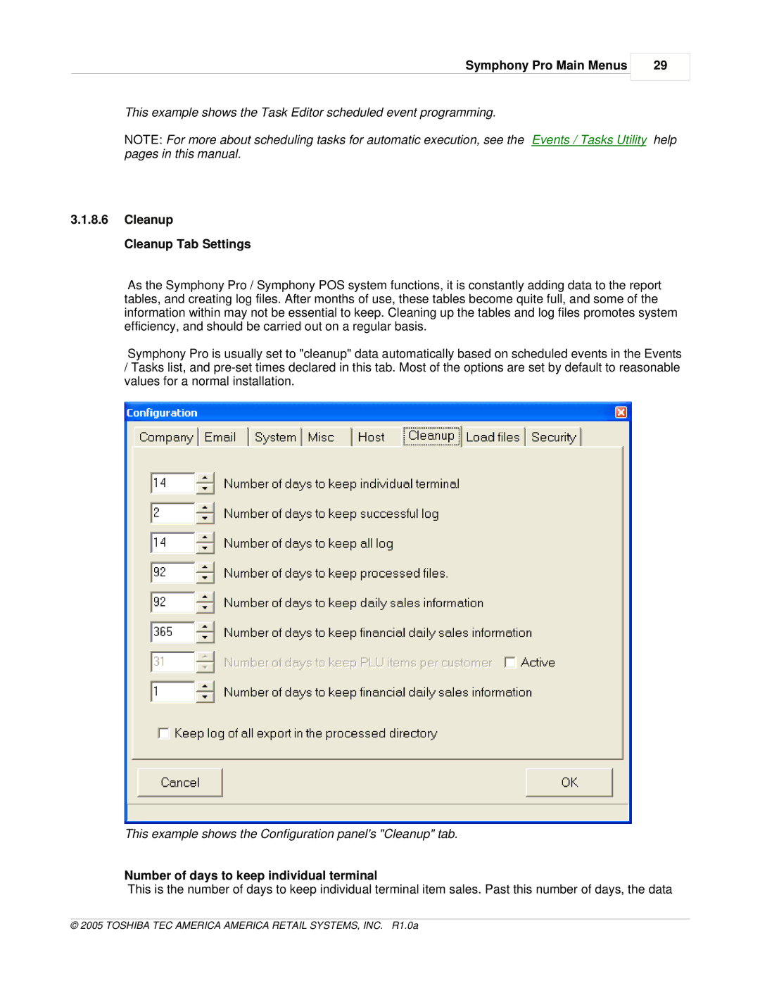 Toshiba Electric Keyboard Cleanup Cleanup Tab Settings, This example shows the Configuration panels Cleanup tab 