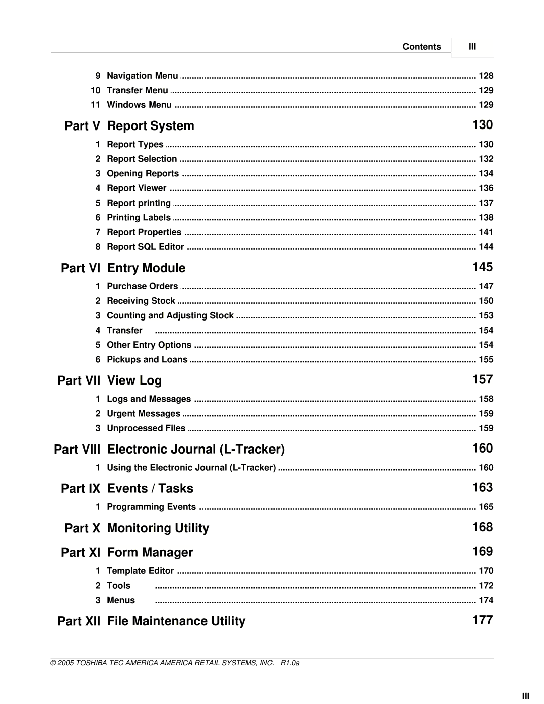 Toshiba Electric Keyboard Part V Report System, Part VI Entry Module, Part VII View Log, Part Electronic Journal L-Tracker 