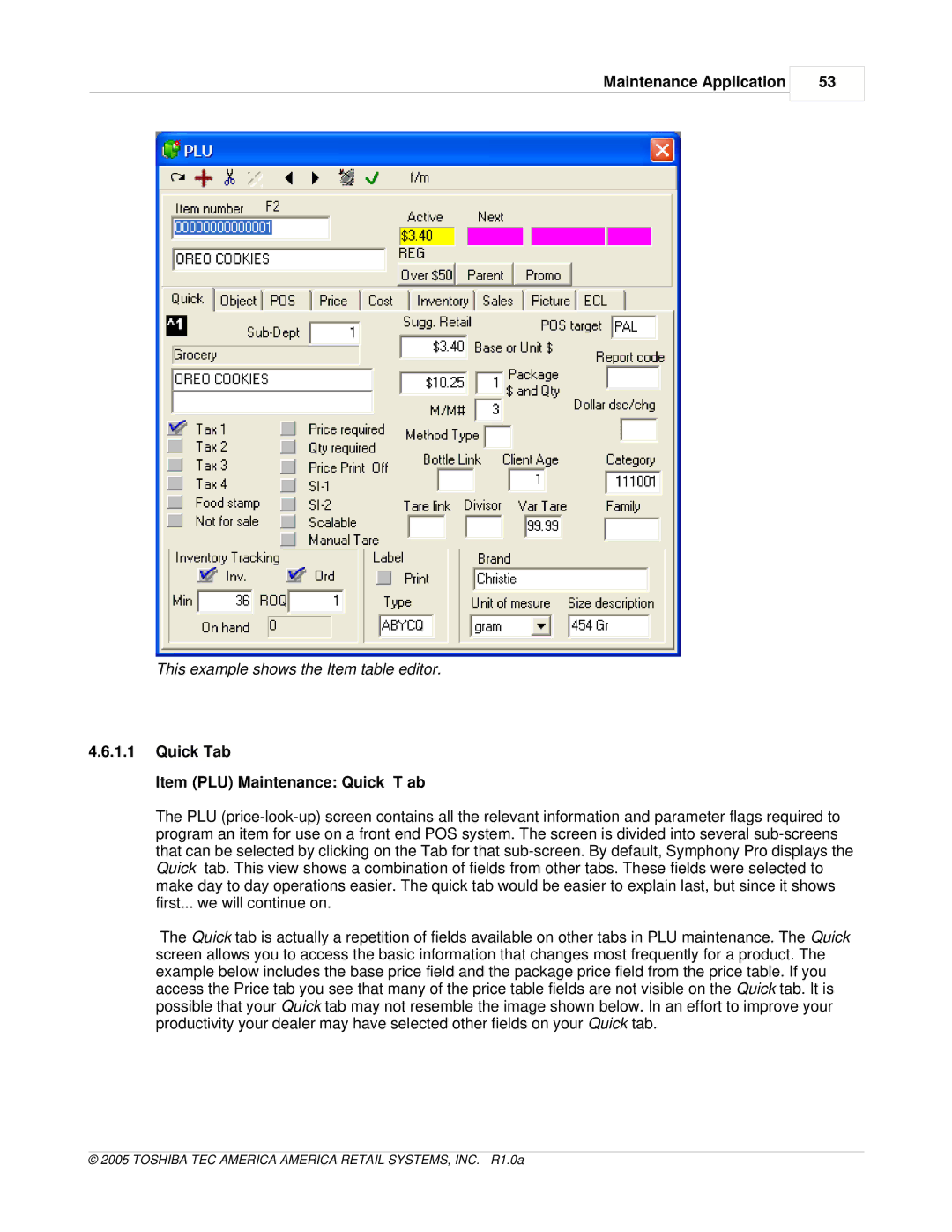 Toshiba Electric Keyboard owner manual This example shows the Item table editor, Quick Tab Item PLU Maintenance Quick T ab 