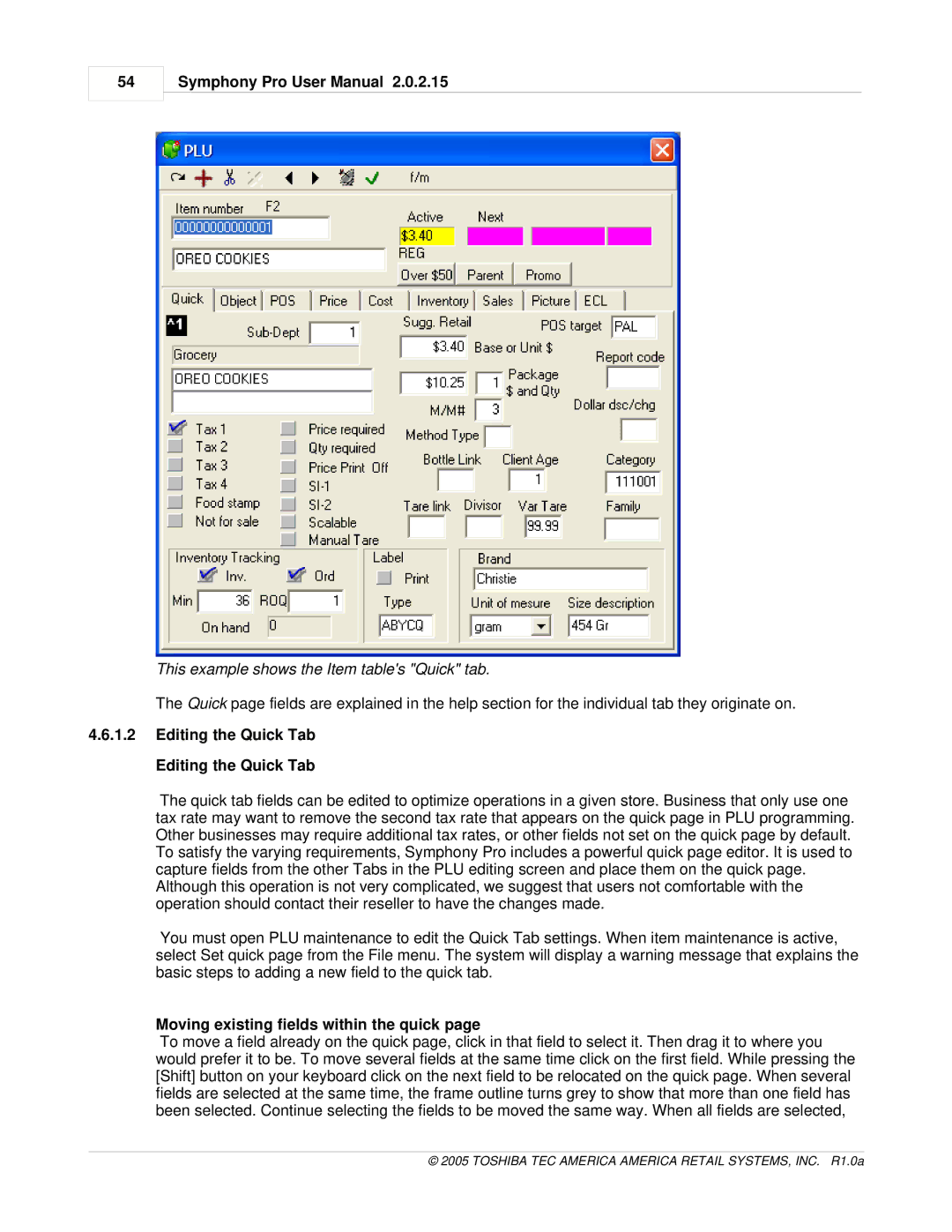 Toshiba Electric Keyboard This example shows the Item tables Quick tab, Editing the Quick Tab Editing the Quick Tab 