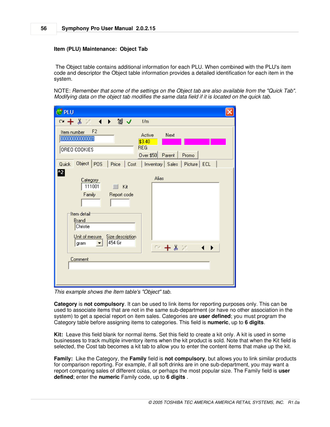 Toshiba Electric Keyboard owner manual Item PLU Maintenance Object Tab, This example shows the Item tables Object tab 