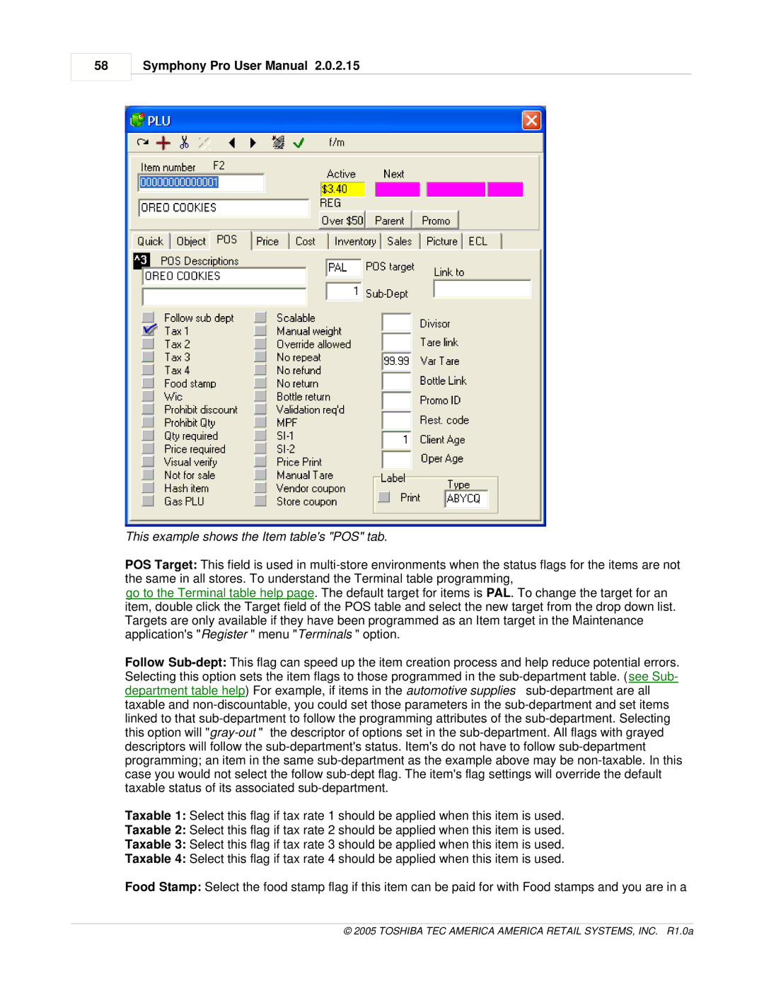 Toshiba Electric Keyboard owner manual This example shows the Item tables POS tab 