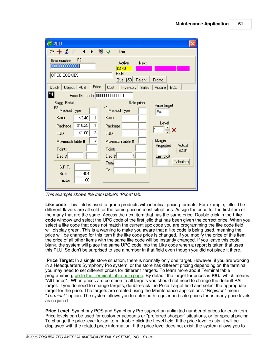 Toshiba Electric Keyboard owner manual This example shows the Item tables Price tab 