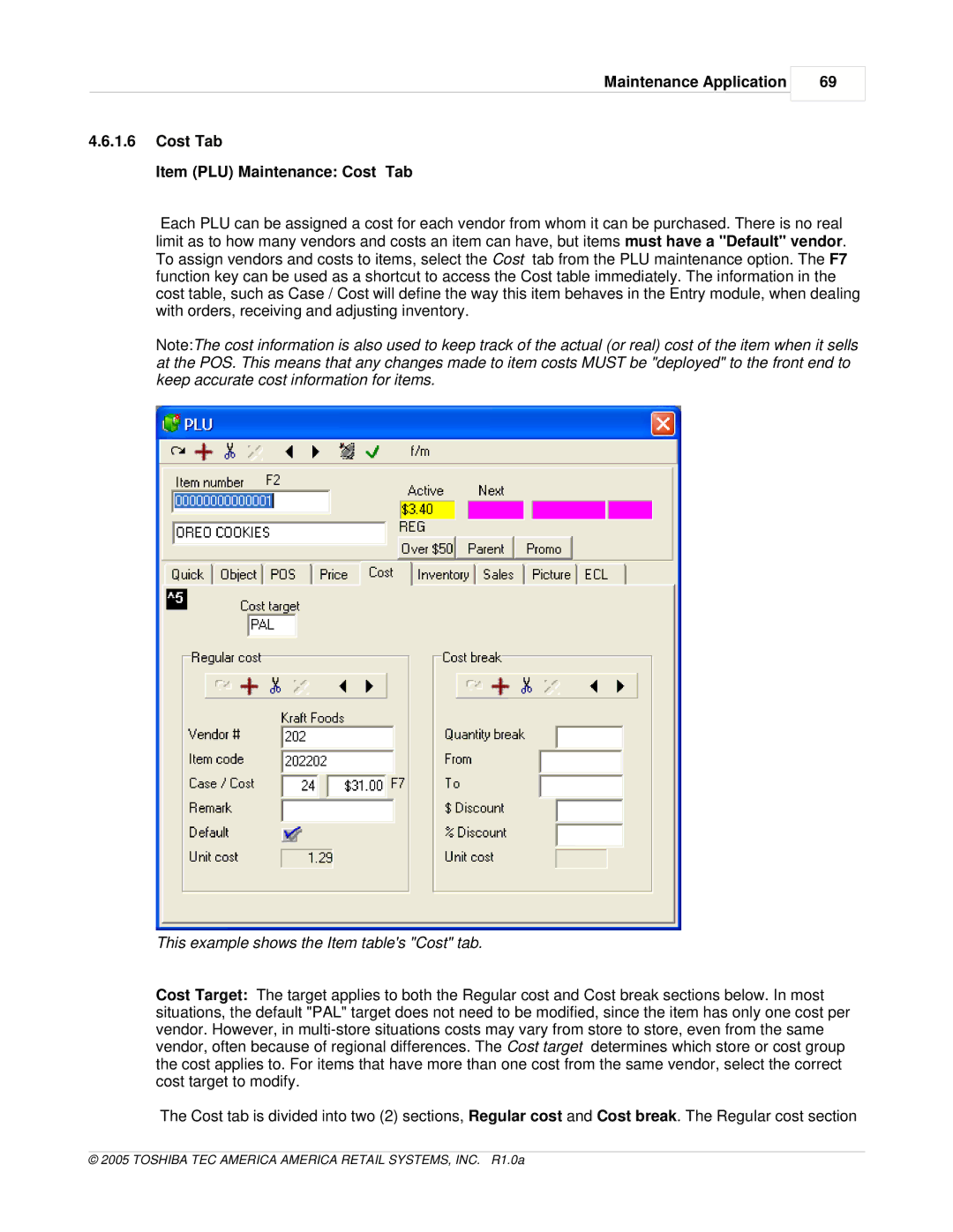 Toshiba Electric Keyboard owner manual This example shows the Item tables Cost tab 