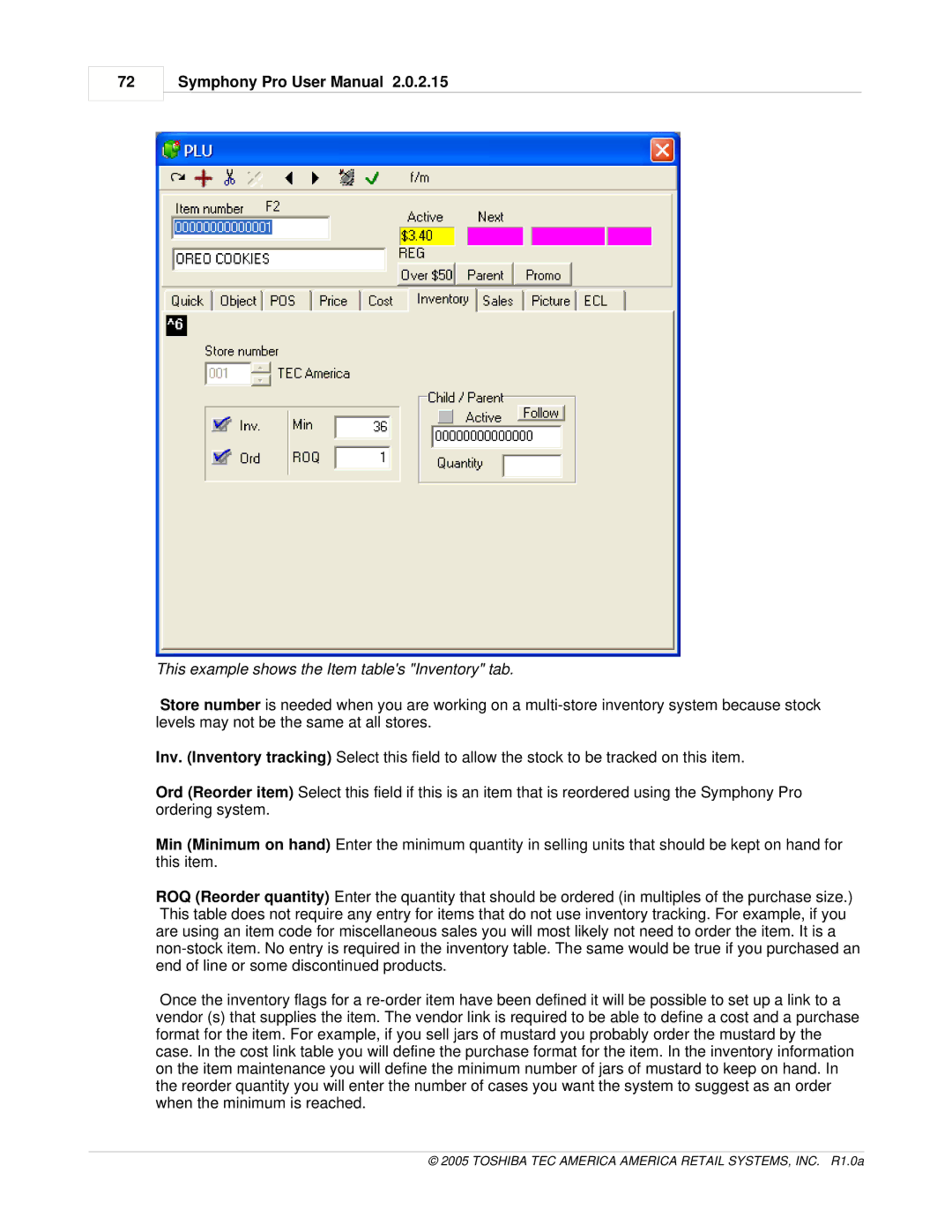 Toshiba Electric Keyboard owner manual This example shows the Item tables Inventory tab 