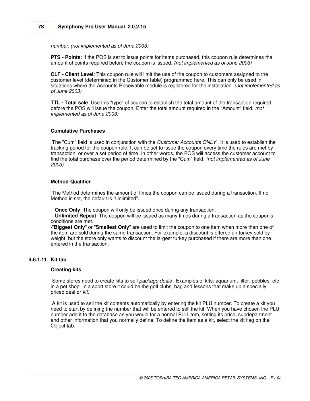 Toshiba Electric Keyboard owner manual Number. not implemented as of June, Cumulative Purchases, Method Qualifier 