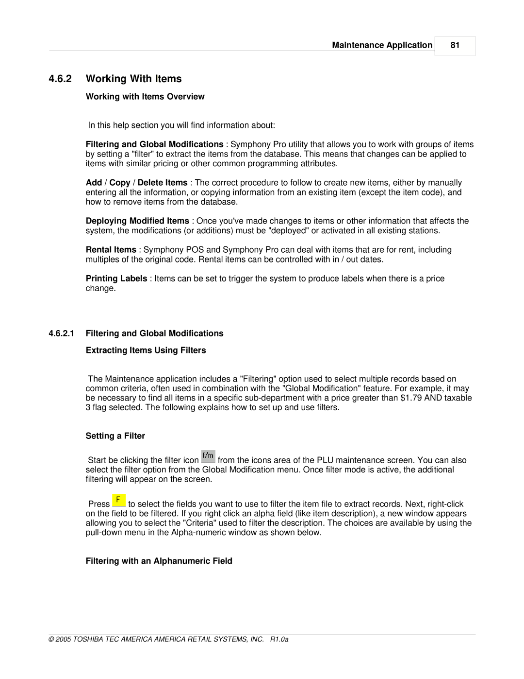 Toshiba Electric Keyboard owner manual Working With Items, Working with Items Overview, Setting a Filter 